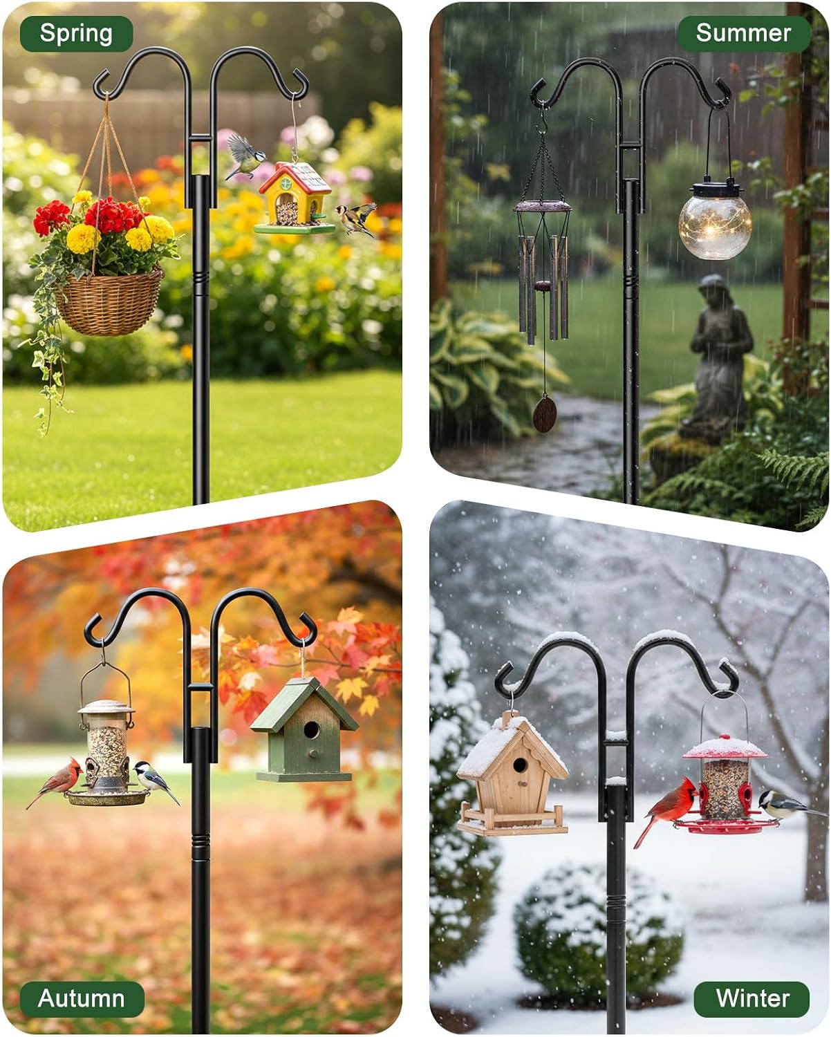 Double Shepherds Hooks, 76 Inch Bird Feeder Pole with 5-Prong Base, 3/4 Inch Thick Heavy Duty Adjustable Garden Hooks for Hanging Plants, Hummingbird Feeder, Solar Lights, Lantern Outdoor Garden Decor