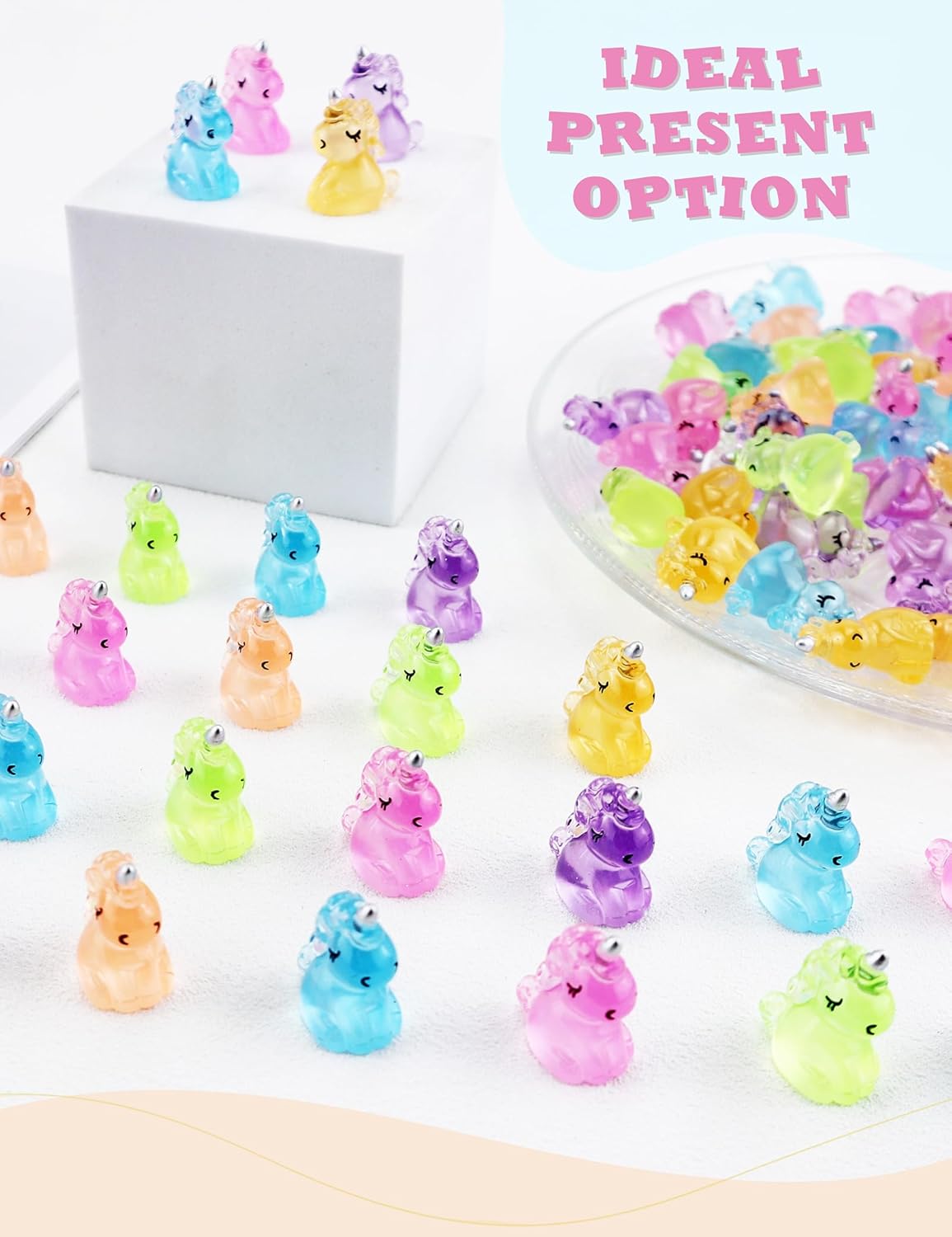 100 PCS Luminous Mini Resin Unicorn Figurines, Tiny Unicorn Miniature Figurines Glow in The Dark for DIY Cake Ornaments, Garden, Landscape, Birthday Party, Room Crafts Decor