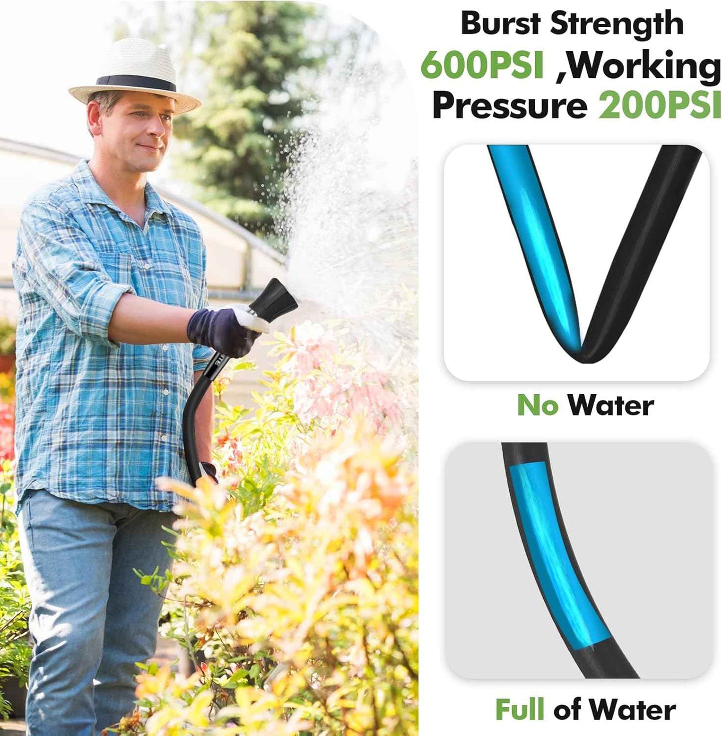 SPECILITE 3/4" Garden Hose 50 ft with High Flow Nozzle, Heavy Duty Flexible Hybrid Rubber Water Hose for Outdoor, Lightweight, Leak-Proof, No-Kink, 3/4"Brass Fittings,Black