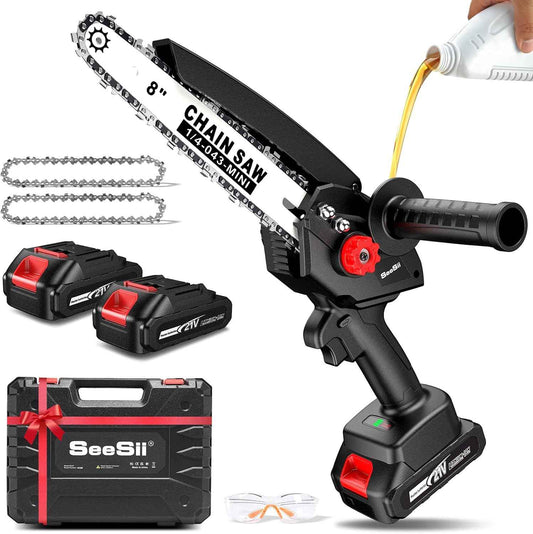 Mini Chainsaw Cordless 8 inch: Electric Chainsaw Battery Powered, Brushless Chain Saw with Auto Oiler, 2pcs Battery, Handheld Saw for Tree Branch Wood Cutting,Gardening Tools for Men Dad Husband