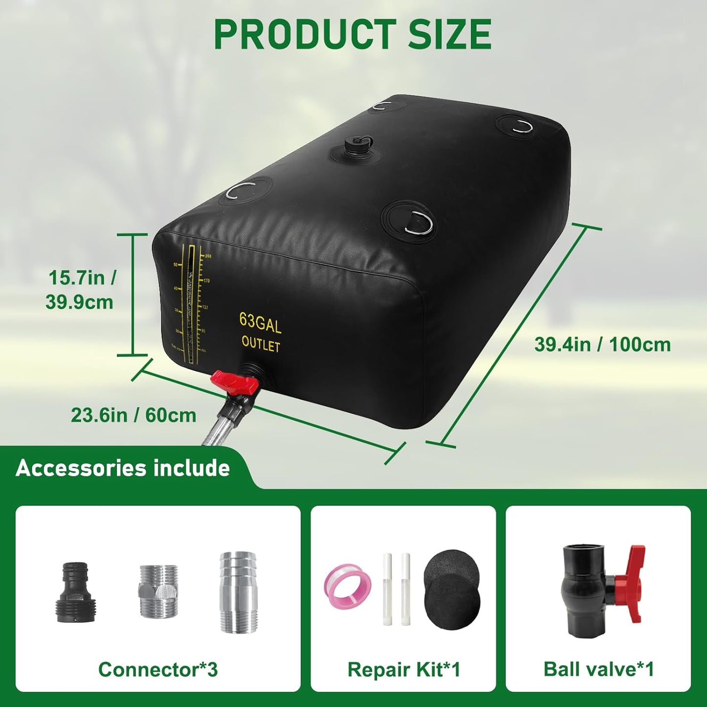 240L/63 Gal Water Bladder with Water Level Indicator, PVC Foldable and Portable Water Tank with 3 Connectors and Overflow Kit, Ideal for RV, Camping, Rainwater Collecting,Planting Watering