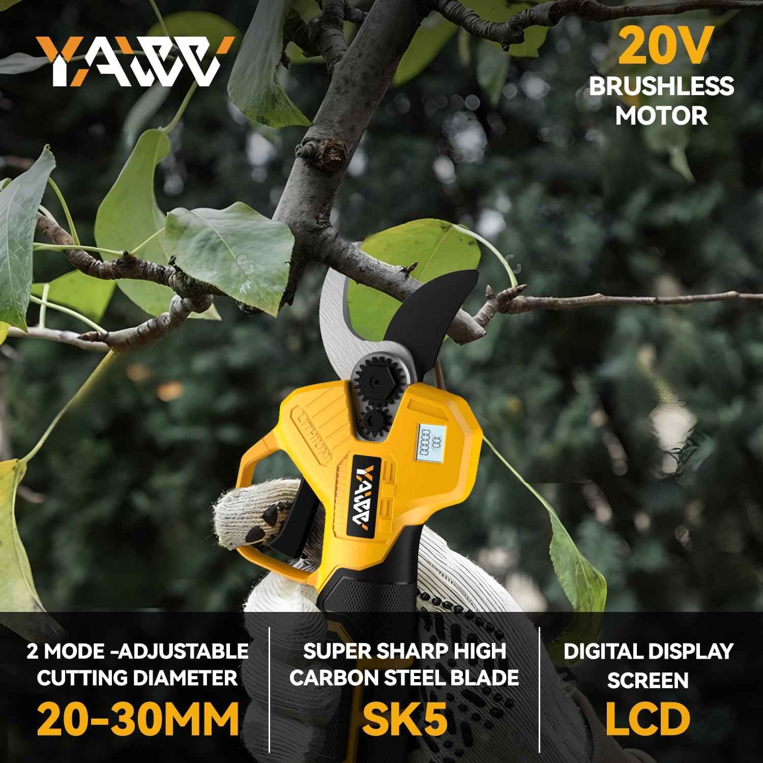Brushless Electric Pruning Shears for DeWalt 20V Battery, Portable Cordless Pruning Shears with LCD Display＆SK5 Blades, Adjustable Cutting Diameter 0.8-1.2 Inch for Gardening Tree Pruning(NO Battery)