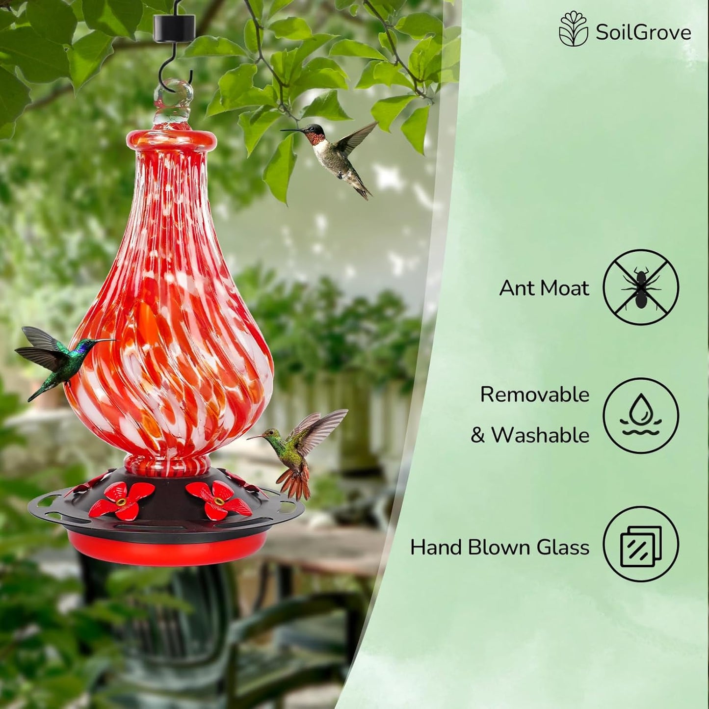 Glass Hummingbird Feeder,24oz Red Hand Blown Humming Bird Feeders for Outdoors Hanging with 5 Feeding Ports & Ant Moat, for Women Men,Hanging Garden Decor