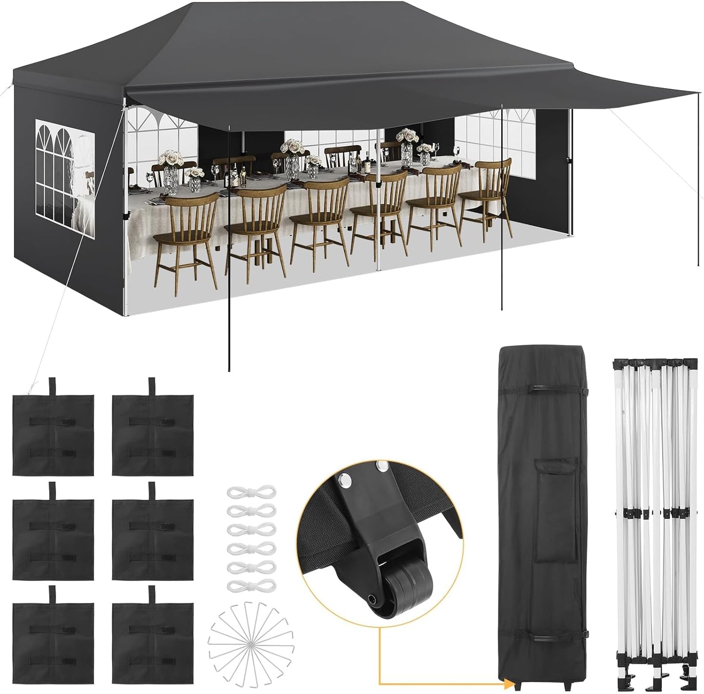 10x20 Pop Up Canopy Tent – Heavy Duty Party Tent with 6 Removable Sidewalls, 6 Sand Bags & Roller Bag, Waterproof UV-Protective Tents for Parties, Adjustable Height Instant Shelter