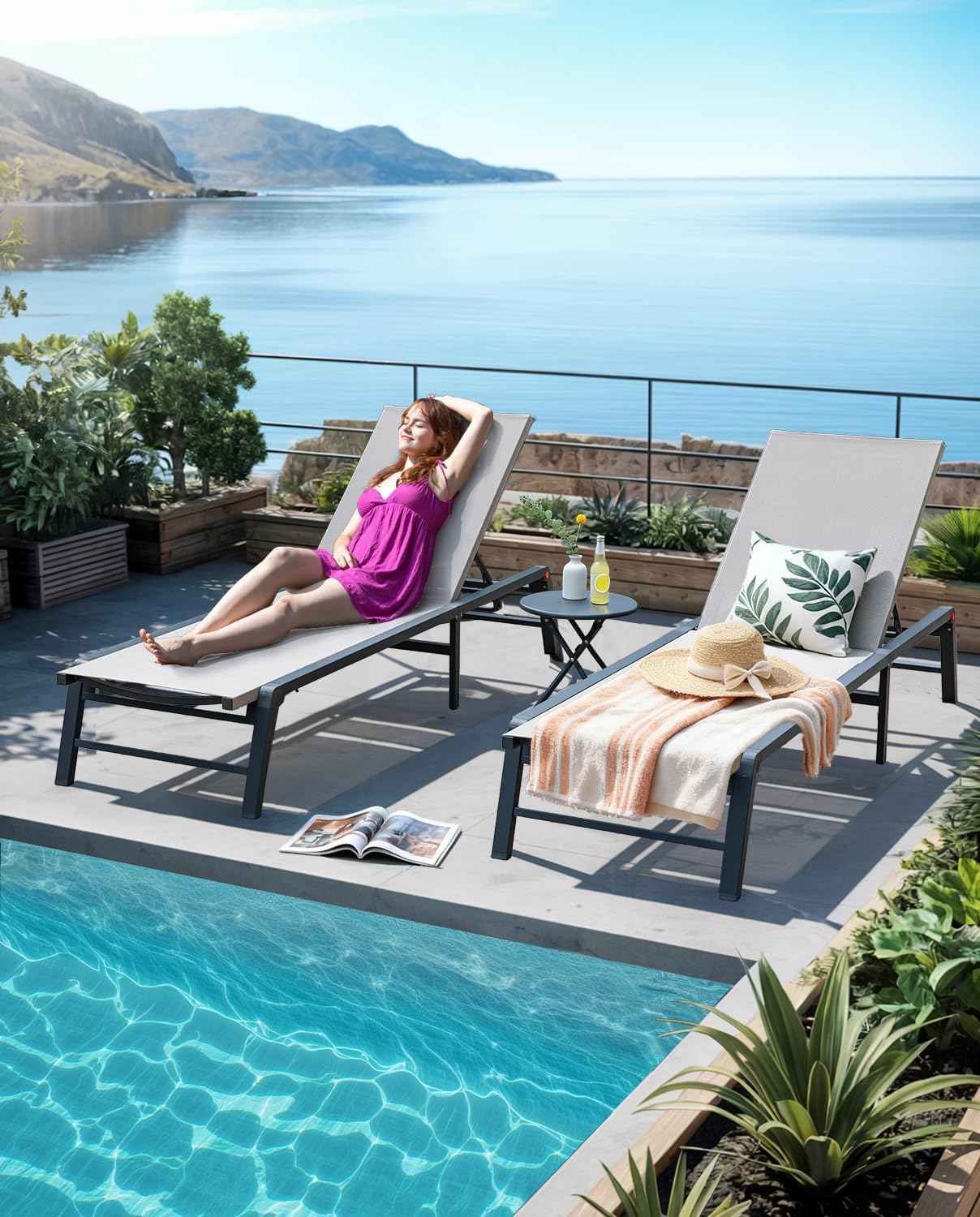 Aluminum Chaise Lounge Outdoor, Foldable & Assemble-Free Lounge Chair Outdoor Set of 2, Lounge Chair with 5 Adjustable Backrest, Patio Lounge Chair for Outside, Poolside, Beach, Pool, Grey
