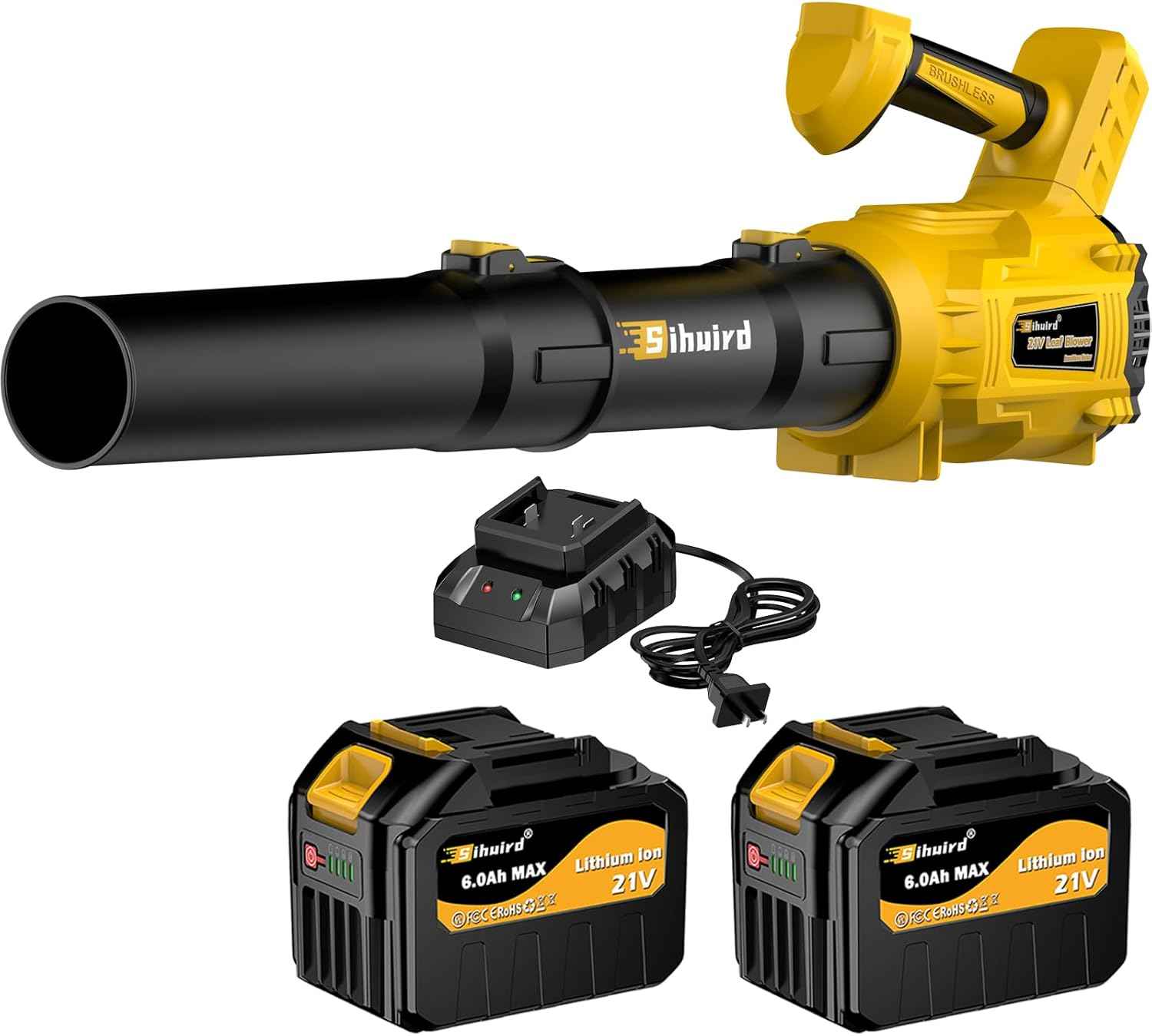 Sihuird Leaf Blower Cordless,2 x 21V 6.0Ah Battery and Charger, with 680CFM 190MPH Electric Cordless Leaf Blower, 3-Variable Speed & Turbo Mode, Blowers for Lawn Care (5002 D) (Yellow)