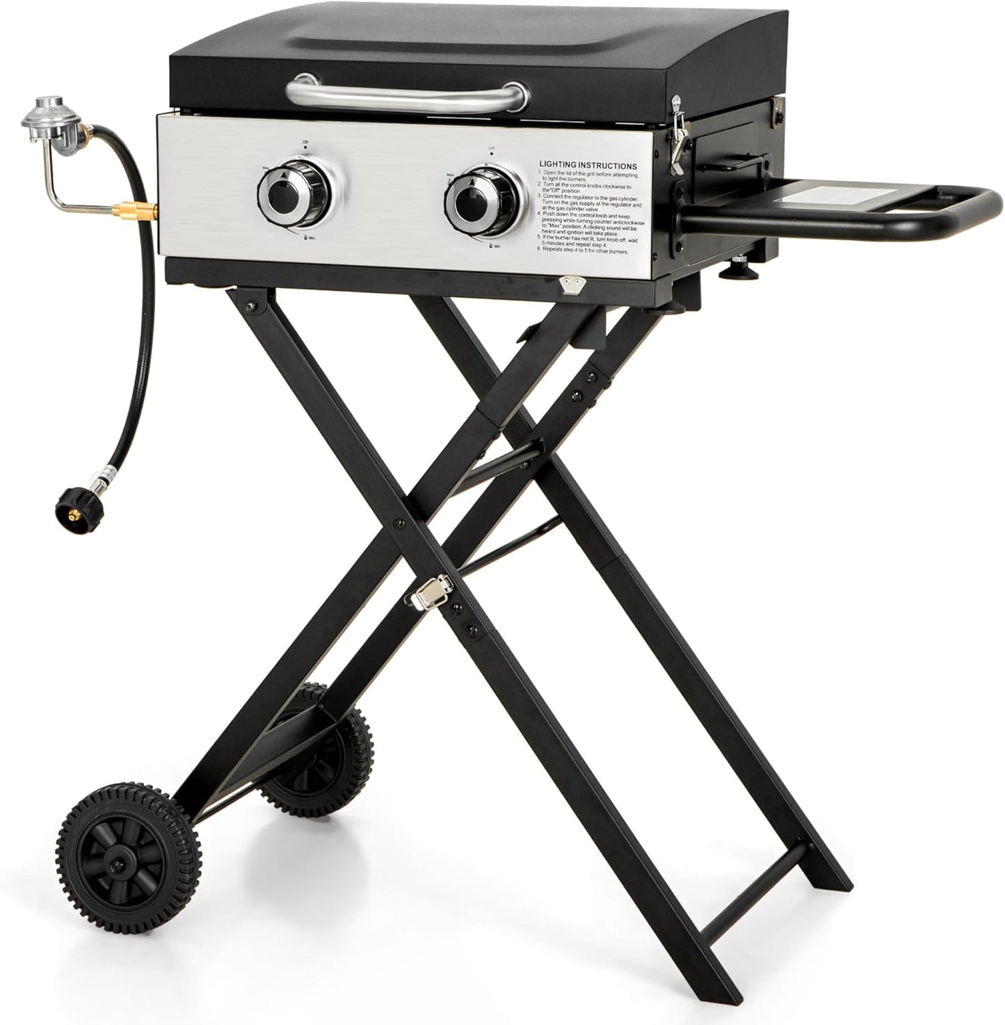 Sophia & William Portable Gas Grill Griddle, Small Propane BBQ grill with Foldable Legs & Wheels for Outdoor Barbecue, Camping, Tailgating, Roadtrip, RV, 2 Burner Flat Top Griddle, 20,000 BTU, Black