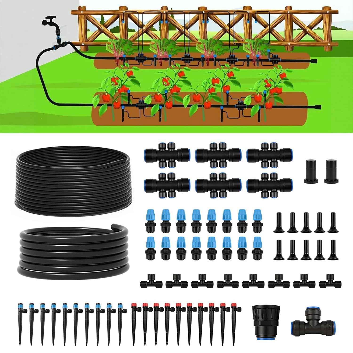 230FT Drip Irrigation System Kit, Quick Connect Garden Watering System, Complete Automatic Drip Irrigation Kit with 1/2" & 1/4" Tubing, Adjustable Emitters for Garden, Raised Beds & Greenhouse