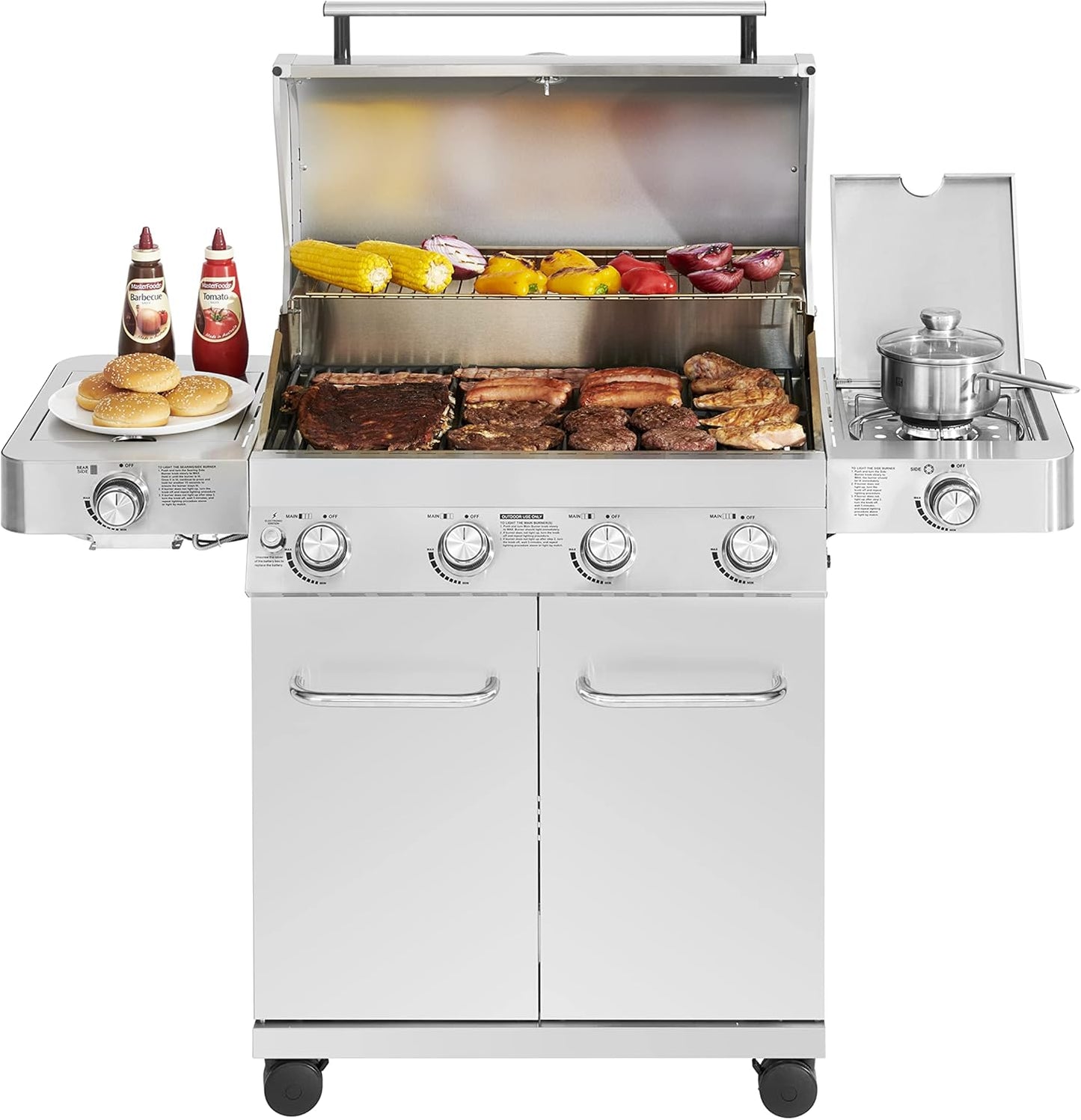 Monument Grills Larger 4+2 Burner Propane Gas Grills Stainless Steel Cabinet Style with Side & Side Sear Burners, Built-In Thermometer, and Knob Controls