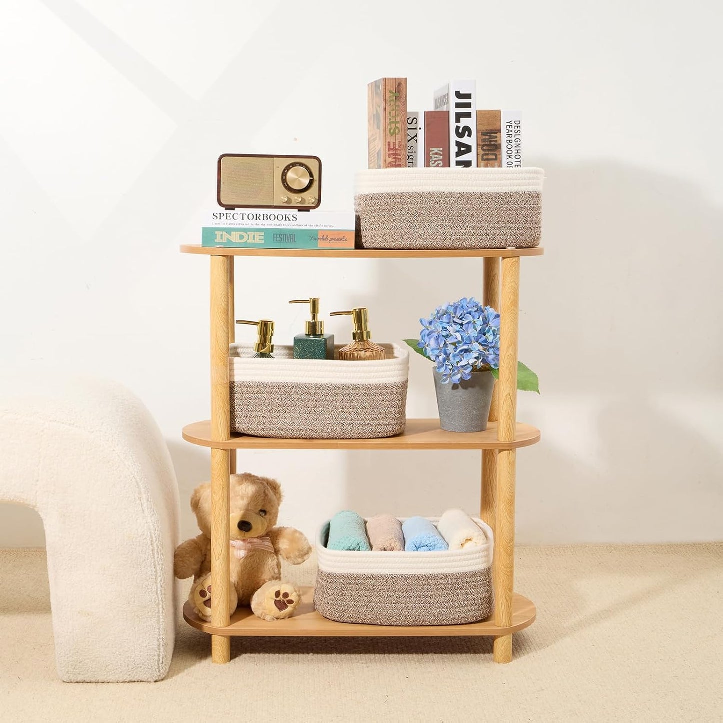 Small Storage Baskets for Organizing | Closet Organizer Bins | Shelf Toy Basket | Woven Rope Baskets | Cube Decorative Box | Shallow Basket | 13x8.5x5.1” | 4 Packs White Brown