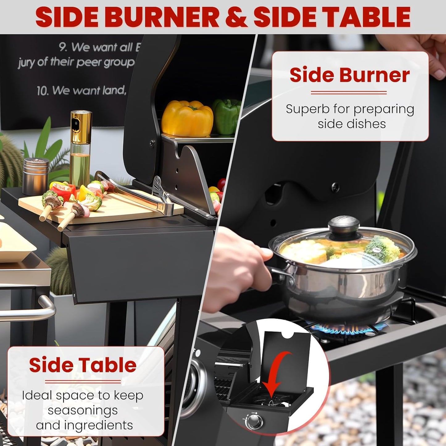 Q042-3-Burner w/Side Burner Gas Grill with 241 SQ.IN. Outdoor Grill with 36,000 BTU,Propane Grills with Top Cover Lid,Grills Outdoor Cooking for Patios,Balcony,Camping,Garden