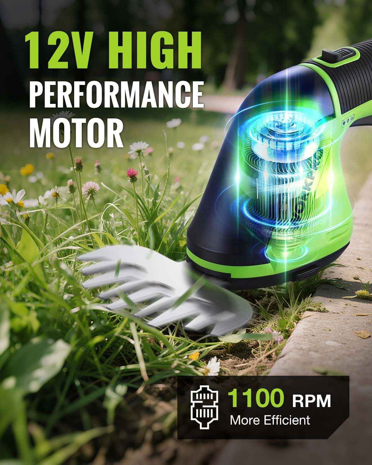 WORKPRO 12V Cordless Grass Shear, 2-in-1 Electric Hedge Trimmer & Grass Cutter, with 2.0Ah Rechargeable Battery, 1-Hour Fast Charger, Lightweight Handheld Bush Trimmer for Lawn and Garden
