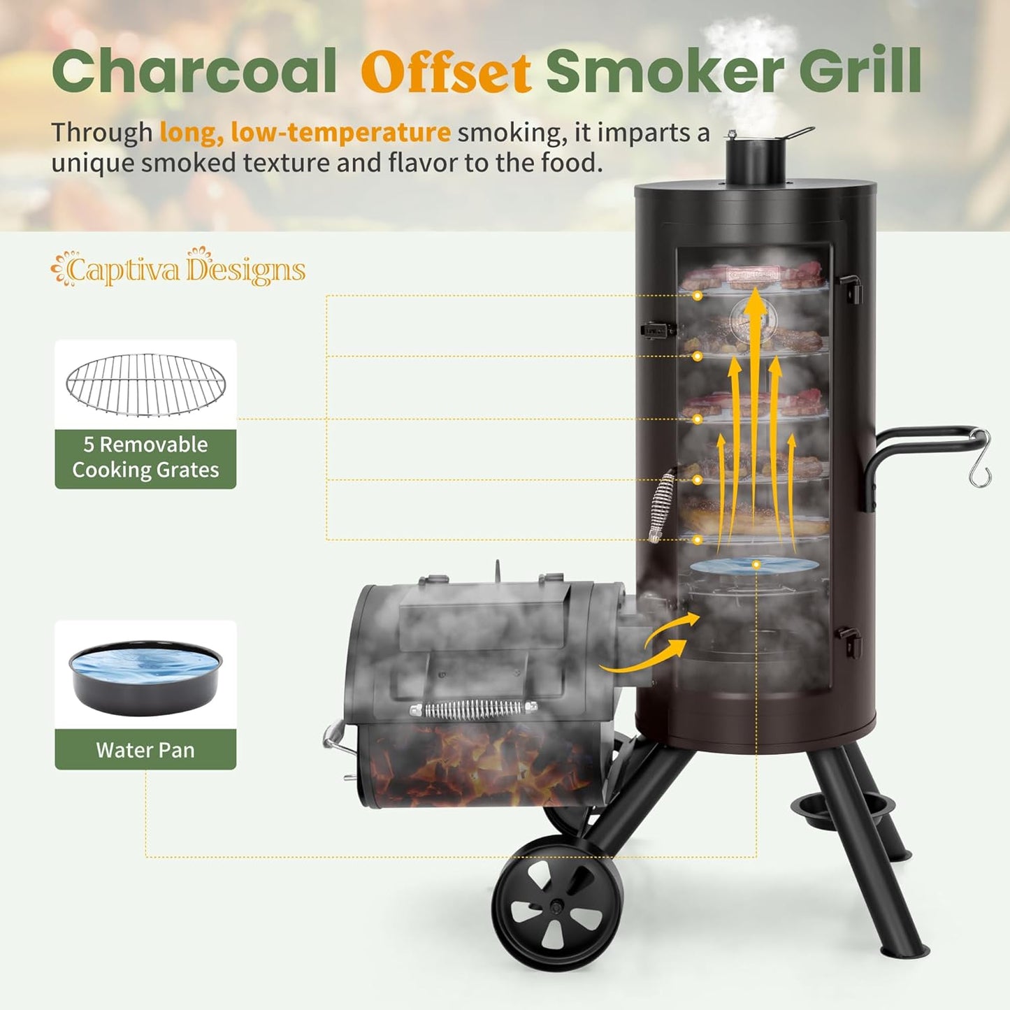 Captiva Designs Charcoal Vertical Smoker Grill and Offset Smoker Grill Combo, Extra Large Outdoor Barrel BBQ Meat Smoker with 5 Removable Smoking Grates & Built-in Hooks for Various Meat Foods
