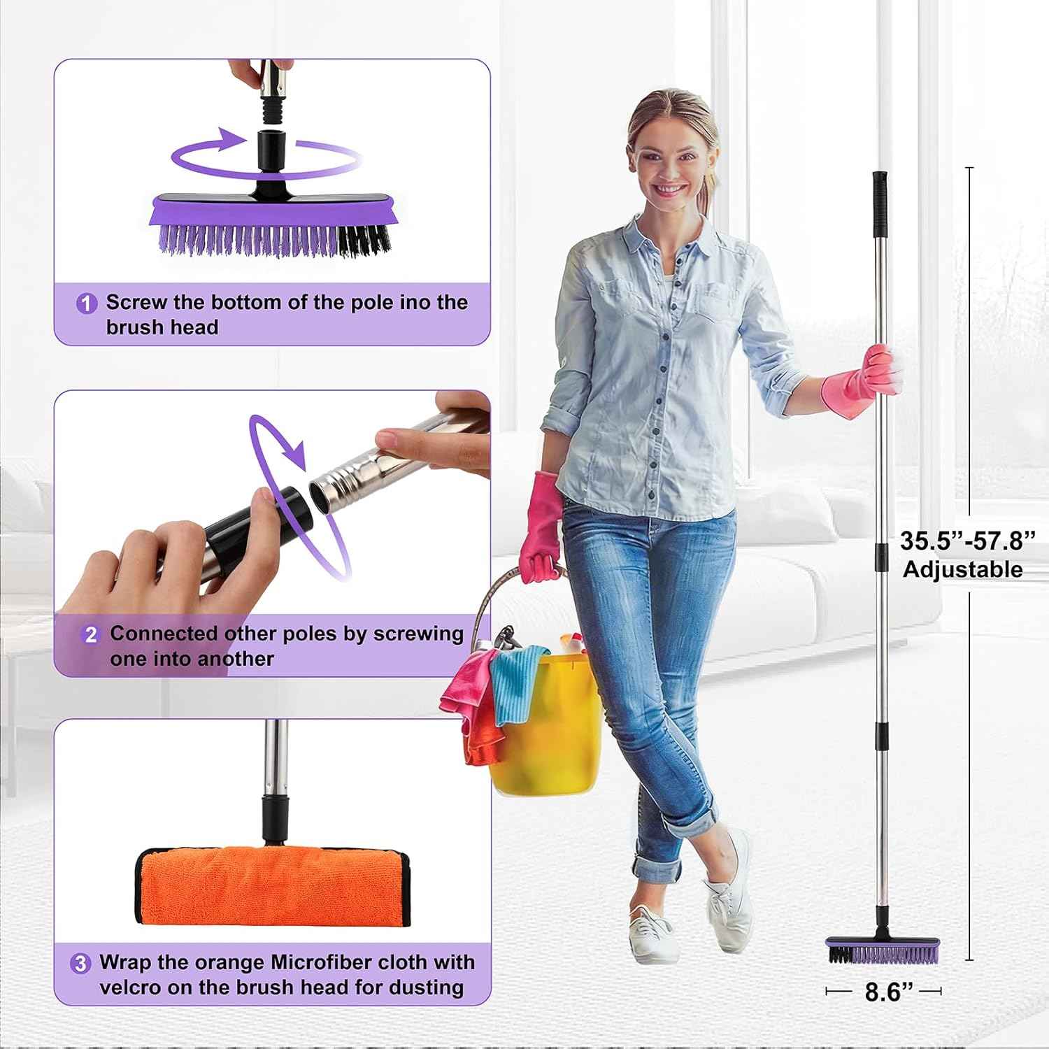 Grout Cleaner Brush with Long Handle, V-Shaped Floor Scrub Brush Swivel Grout Brush Stiff Bristle Floor Grout Scrubber for Bathroom, Tile Line, Crevice, Kitchen, Wall, Deck, Garage (Purple)