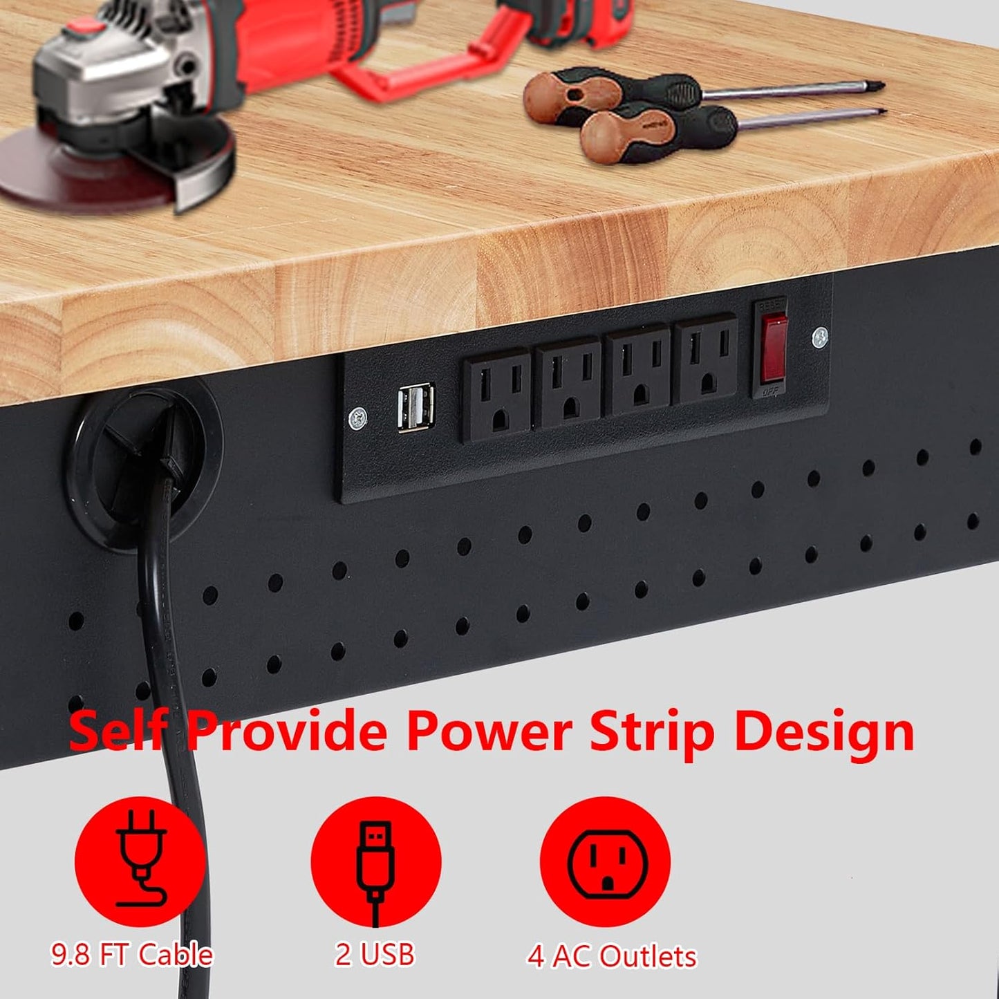 60" x 22" Heavy-Duty Adjustable Height Workbench with Power Outlets, Rubberwood Top, 2000 Lb Capacity, Locking Wheels, Mobile Garage & Office Workstation