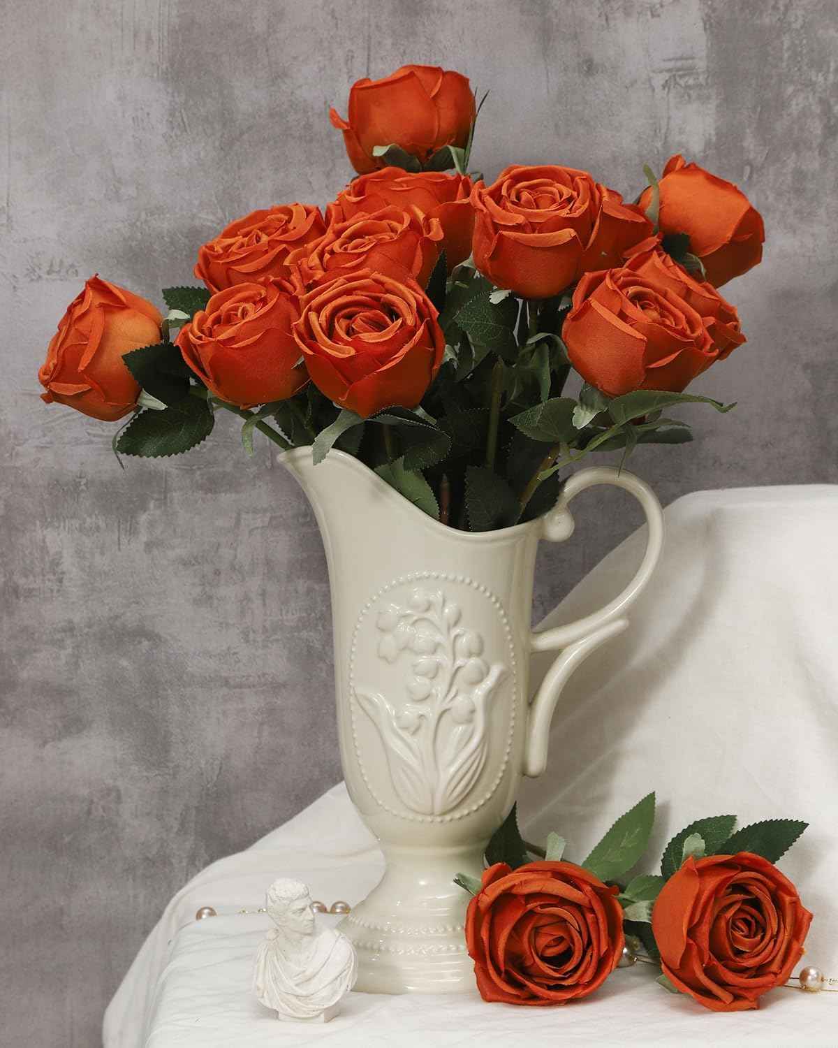 Coferset 10 Pcs Fake Roses, Artificial Silk Rose Flowers with Long Stems,Realistic Faux Roses for Vase Home Wedding Table Centerpieces Baby Shower Decor (Burnt Orange)