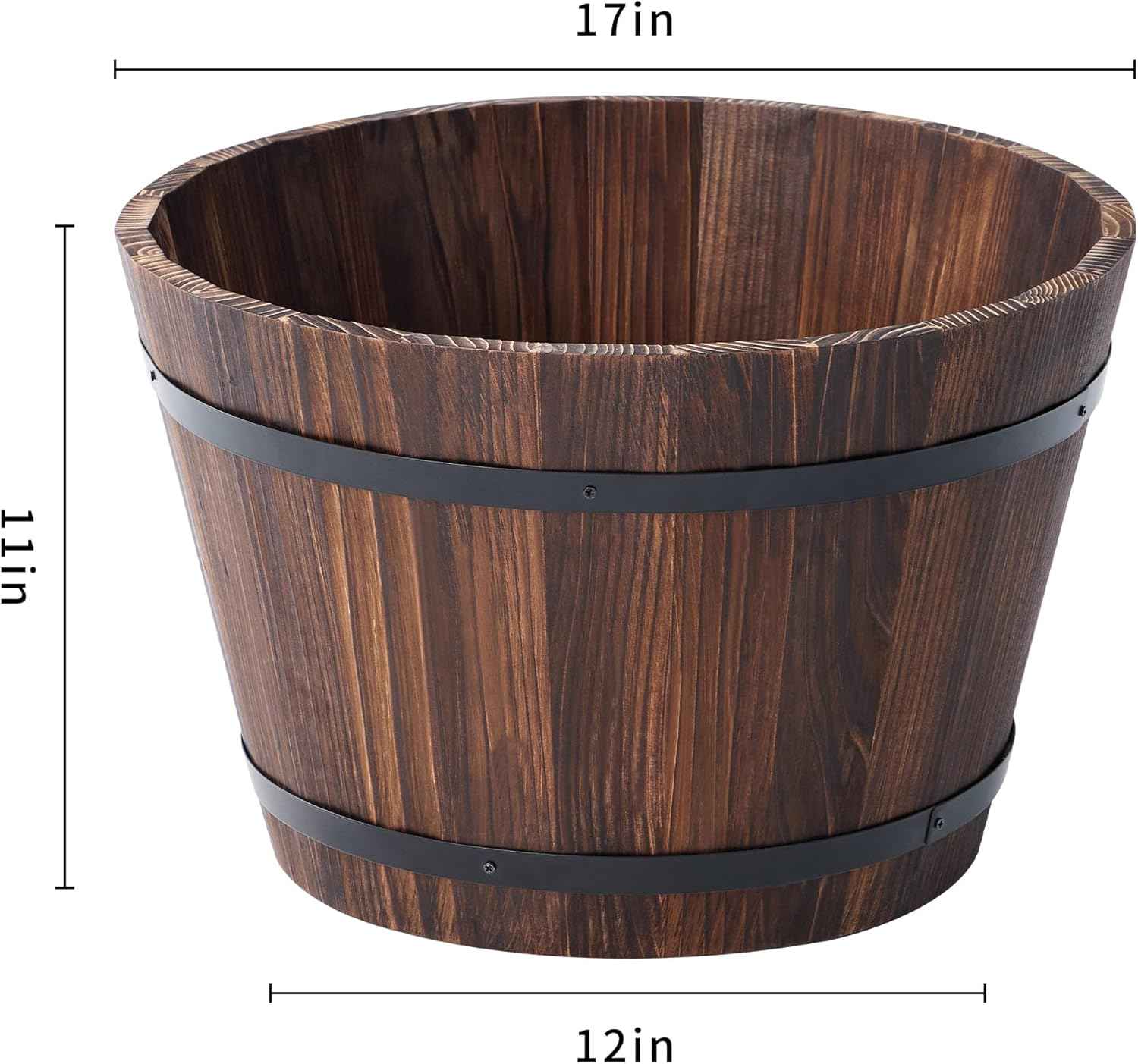 17 Inch Wood Whiskey Barrel Planter – Rustic Outdoor Half Barrel Flower Pot, Weather-Resistant Wood & Iron Plant Container with Drainage Hole, 21QT Capacity, Fully Assembled (Rustic Finish)