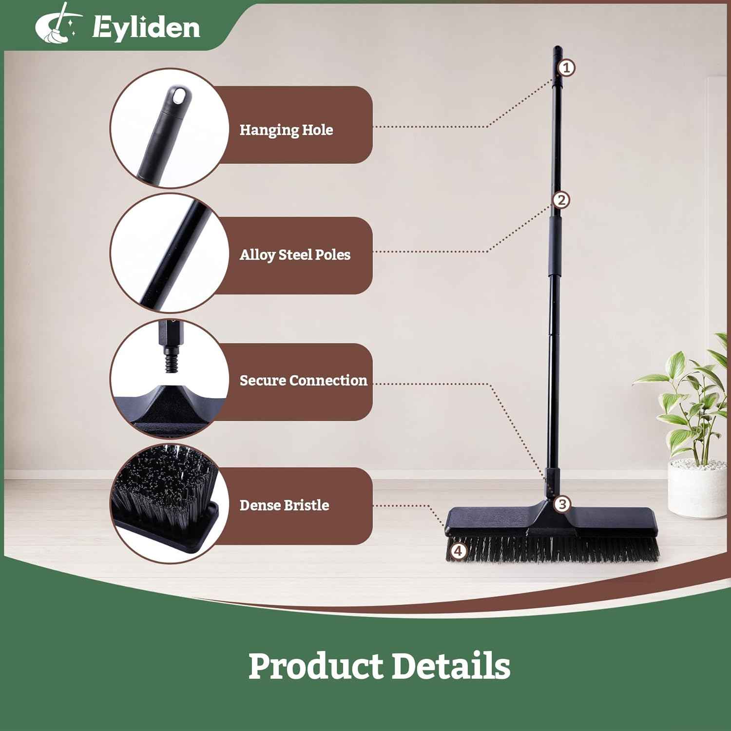 Eyliden 18" Push Broom for Deck Driveway Patio Garage | Heavy-Duty Stiff Bristles with 66" Adjustable Handle | Black