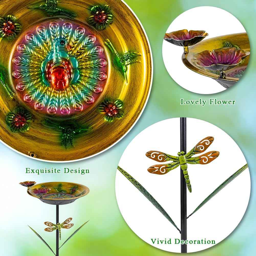DREAMSOUL 39" Tall Bird Bath with Dragonfly Stake, Metal Birdbath with Flower Feeders, Freestanding Bird Bath for Outside Garden Yard Patio