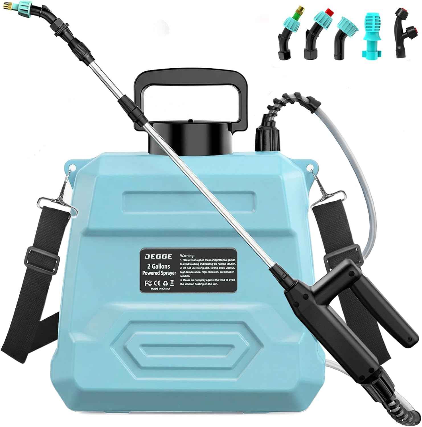 DEGGE Battery Powered Sprayer 2 Gallon, 7.4V Powerful Electric Pump Sprayer, Weed Killer Sprayers with Rechargeable Handle & 5 Mist Nozzles & Retractable Wand & Adjustable Strap for Lawn, Garden, Yard