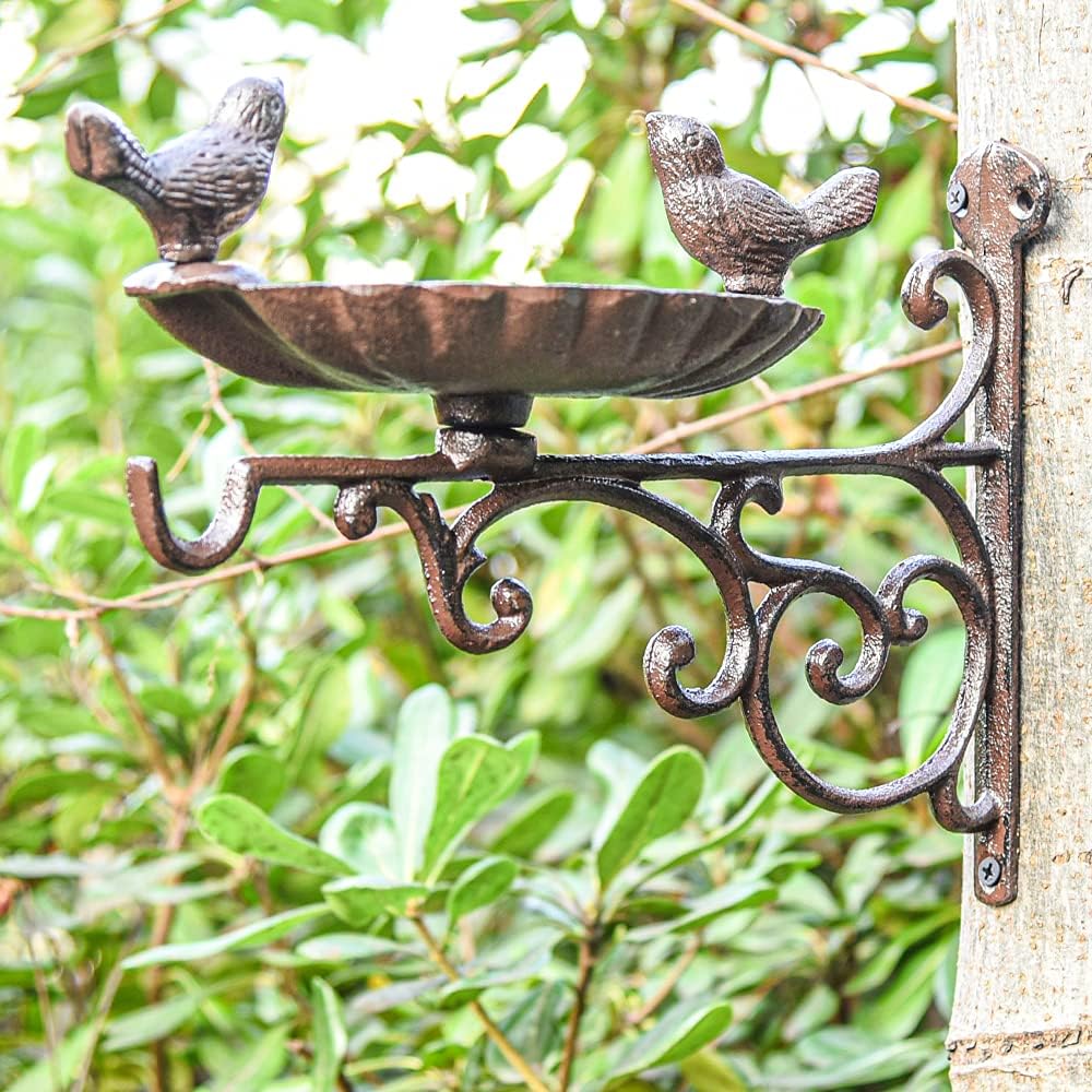 Sungmor Cast Iron Birdfeeder, Heavy Duty Sturdy Wall Bird Feeder, Deck Mounted Small Bird Bath, Decorative Planter Hanger, Outdoor Garden Wall Hook for Hanging Plant Pot, Basket, Lantern, Wind Chime