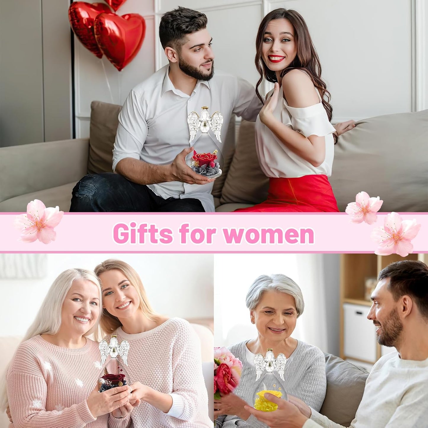 Yamonic Mom Birthday Gifts for Mom, Angel Figurines with Real Rose Gifts for Her Mom Grandma, Angel Preserved Flowers Rose for Mothers Day Christmas Anniversary Birthday Gifts for Women(WineRed)
