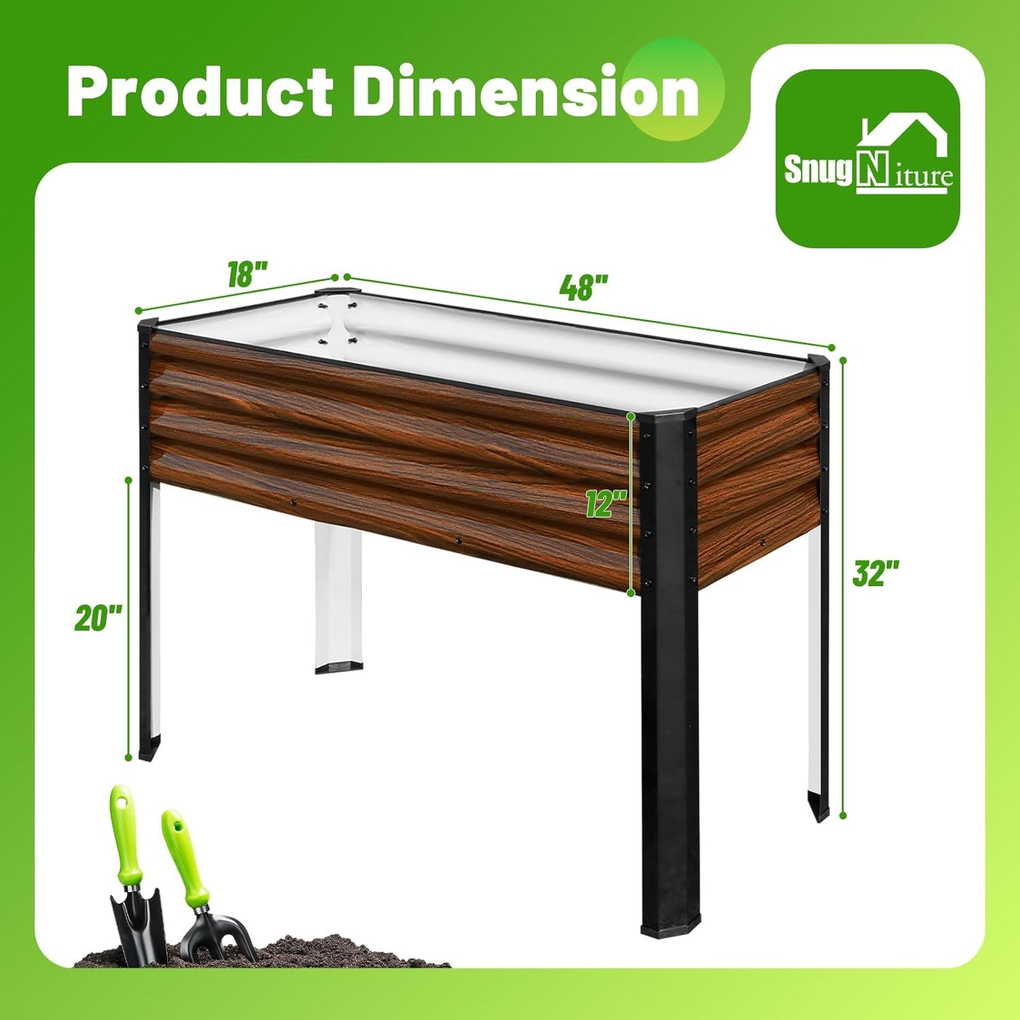 SnugNiture Raised Garden Bed with Legs, 48×18×32in Outdoor Metal Elevated Raised Planter Box for Backyard, Patio, Balcony