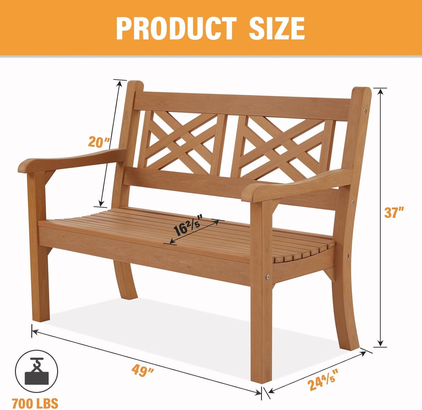Psilvam 49''W All-Weather Poly Lumber Outdoor Bench – Grey, 2-Person Garden Bench with Decorative Backrest & Curved Armrests, Anti-Fade Patio Bench for Porch, Backyard, and Park(Teak Color)