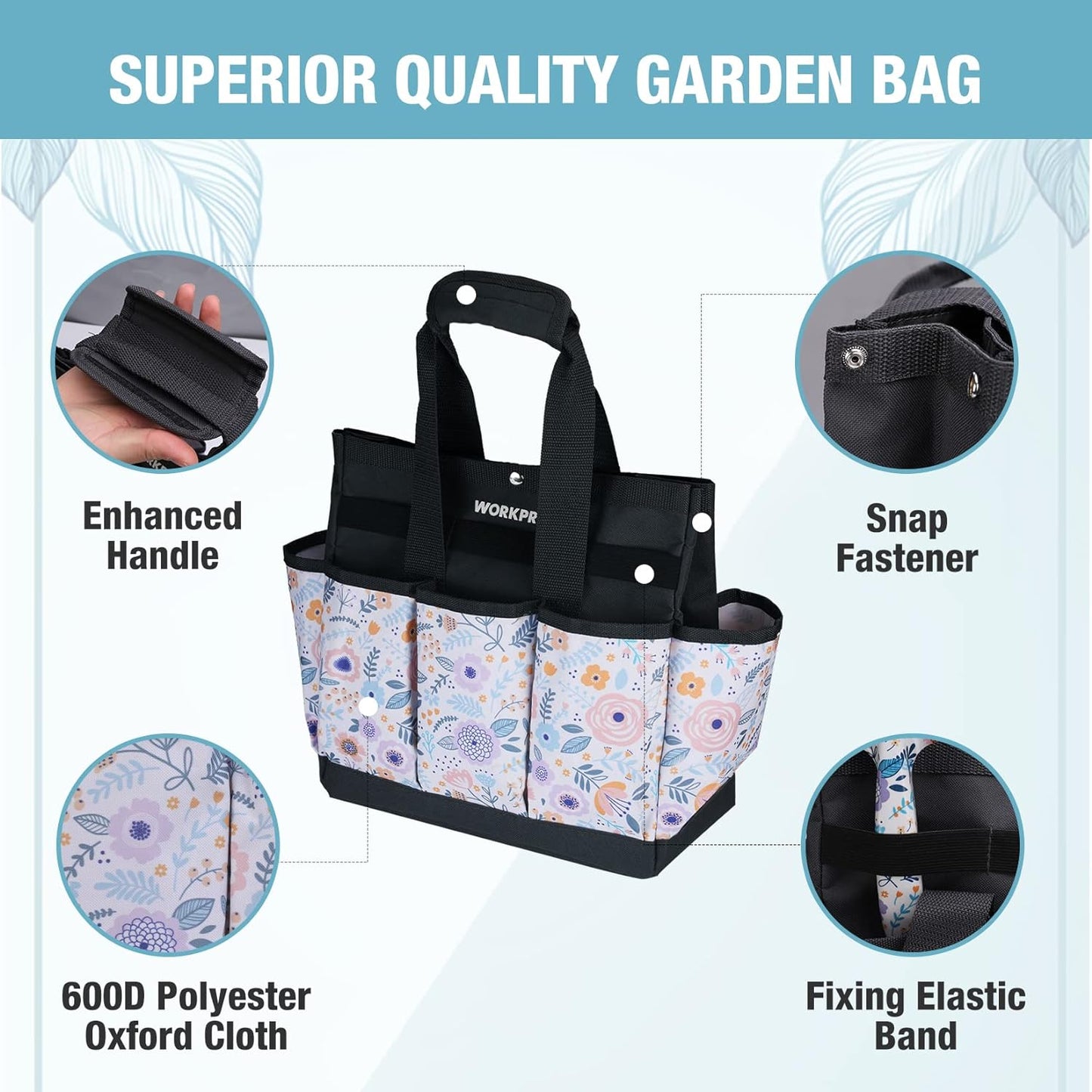 WORKPRO Garden Tool Bag, 9 Pockets Gardening Bag, Heavy Duty Oxford Garden Tote Caddy (Tools NOT Included), 12" x 12" x 6" (Floral White)