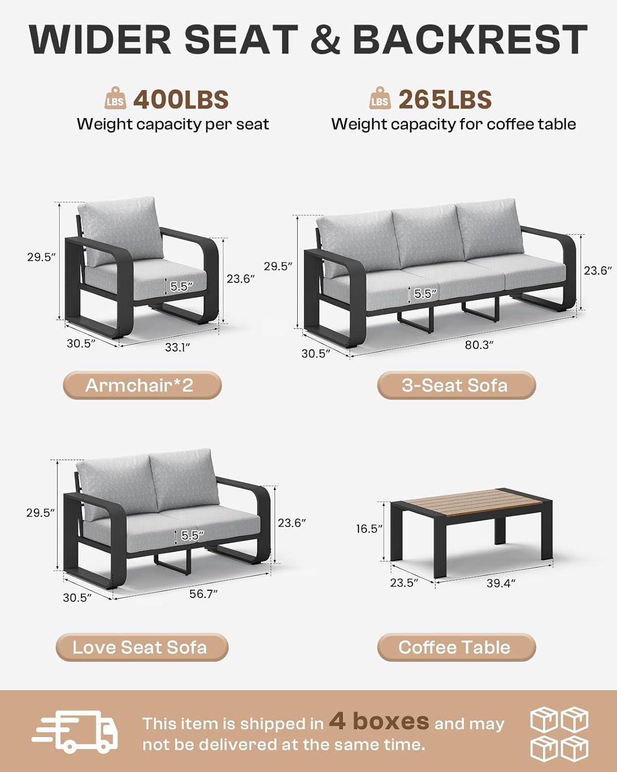 Oversized Aluminum Outdoor Furniture Set, Extra Large Patio Furniture Sofa Set 4.8” Widened Armrest & Ultra-Thick Cushions, 5 Pcs Modern Patio Sectional for Backyard, Porch, Gray
