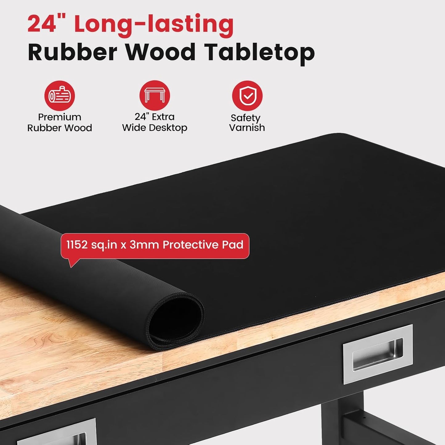 Work Bench for Garage 48 x 24 Inch Adjustable Height Workbenches with Drawers Heavy Duty Rubberwood Tabletop Work Table with Pegboard, Power Outlets for Office Home Commercial