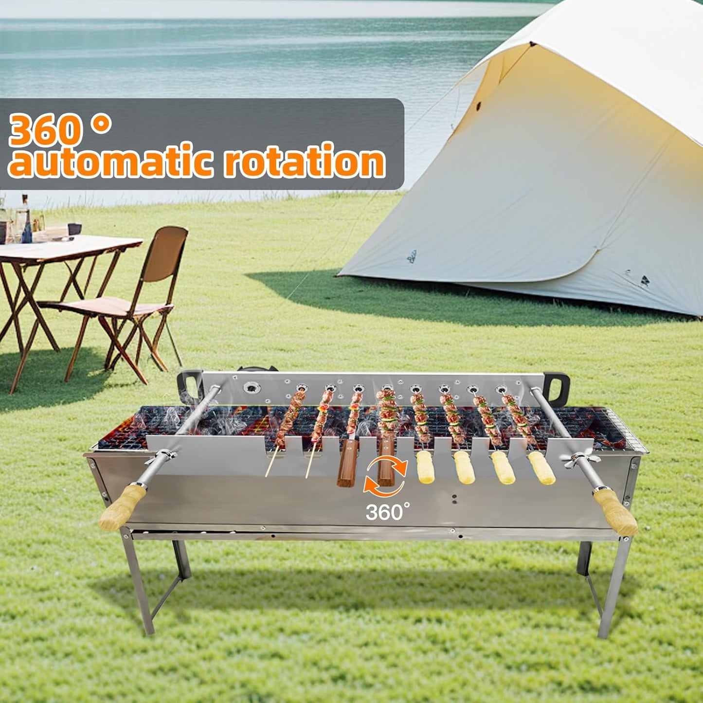 Stainless Steel Electric Barbecue Grill, Automatic Rotating, Adjustable Width for BBQ (G500)