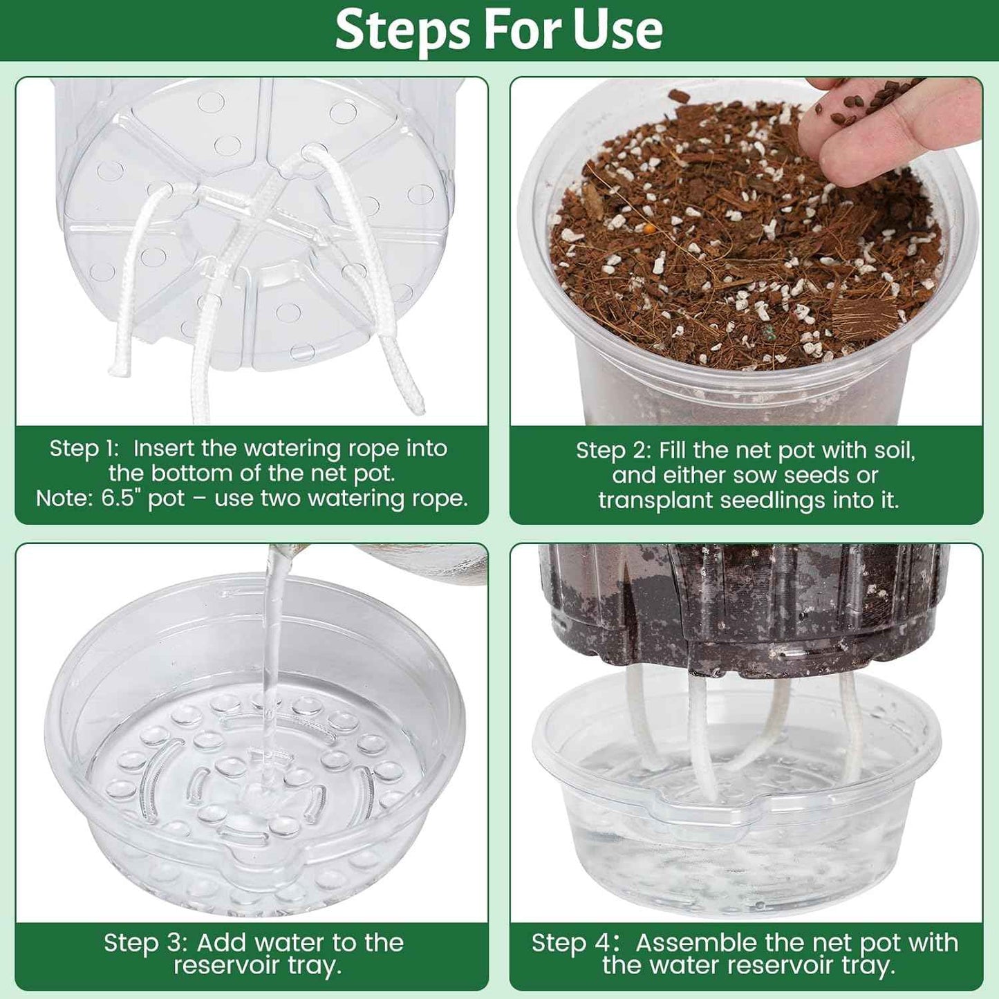 Bluepro 18 Pack 6.5/5/4 Inch Clear Self Watering Plant Pots with Bottom Water Tray & Watering Rope, Transparent Nursery Pots with Drainage for Seedlings, Herbs, and Houseplants