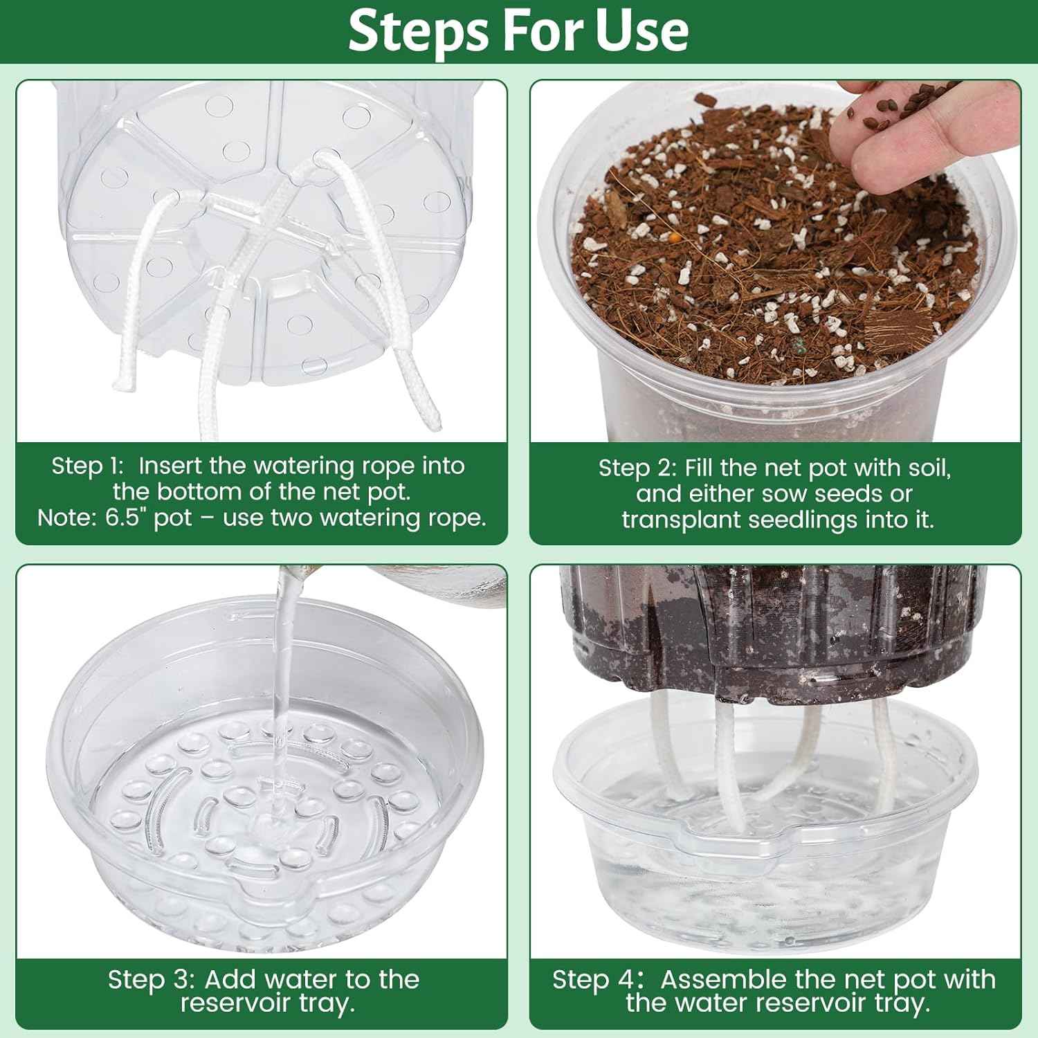 Bluepro 18 Pack 6.5/5/4 Inch Clear Self Watering Plant Pots with Bottom Water Tray & Watering Rope, Transparent Nursery Pots with Drainage for Seedlings, Herbs, and Houseplants