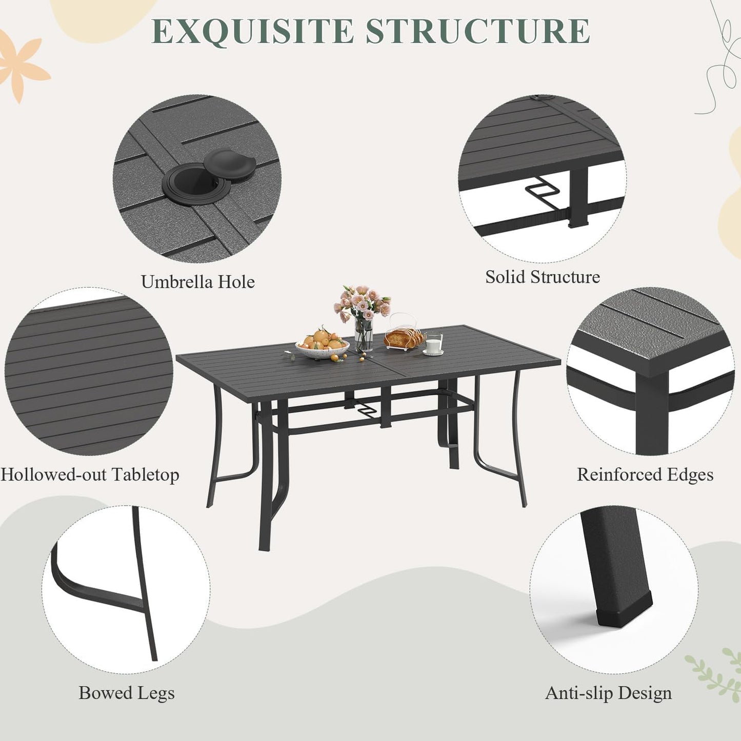 7 Pieces Patio Table and Chairs Set, 63" Metal Dining Table with Umbrella Hole, 6 High Back Textilene Swivel Chairs, Dining Table Set for 6, Outdoor Furniture for Porch Deck Yard Balcony, Brown