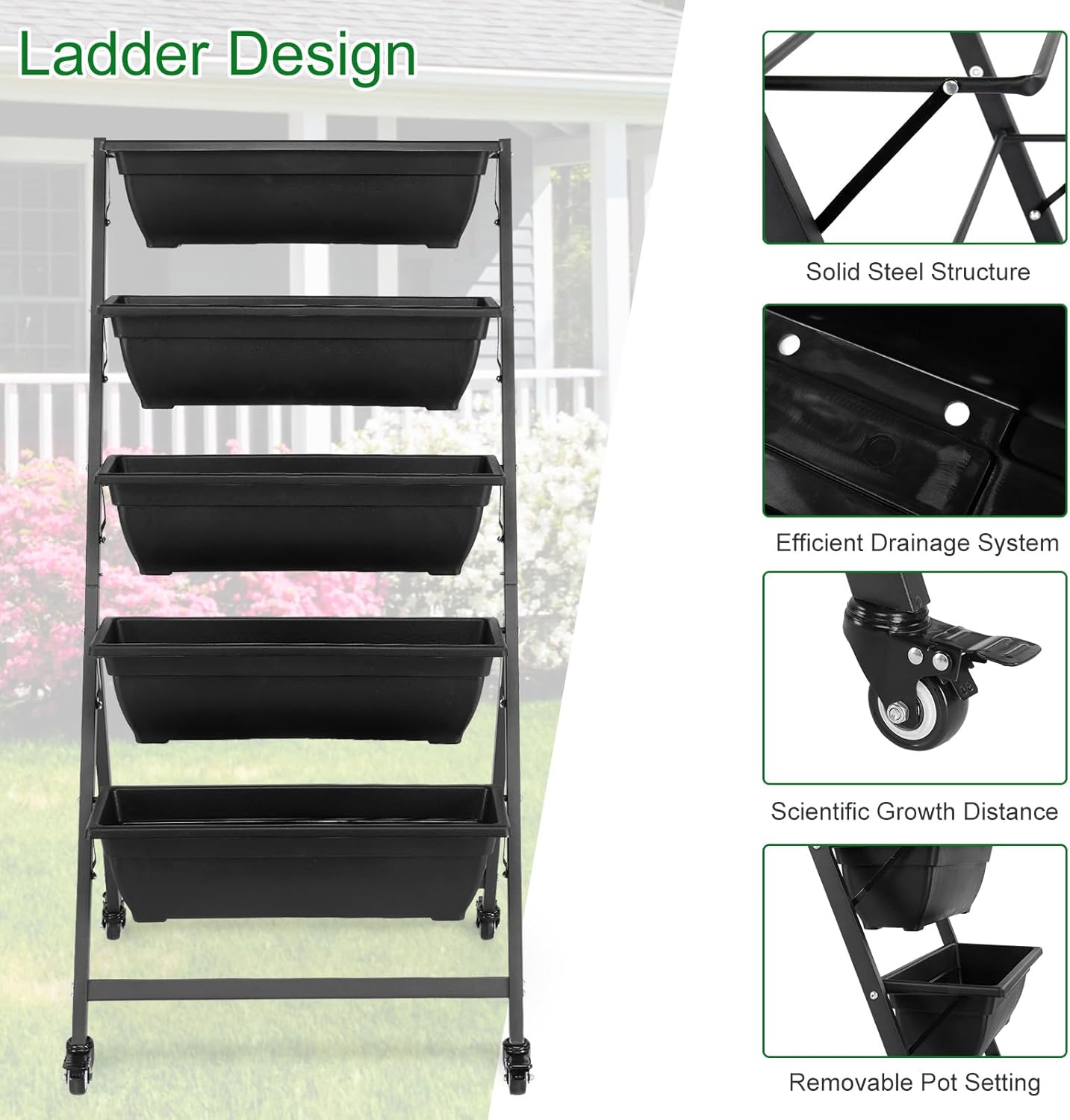 Outvita 4.4 FT Vertical Garden Bed, 5 Tier Vertical Raised Planter, Removable Black Raised Bed Box with 4 Wheels, Movable Elevated Vegetable Flower Planter for Patio Yard Indoor Outdoor