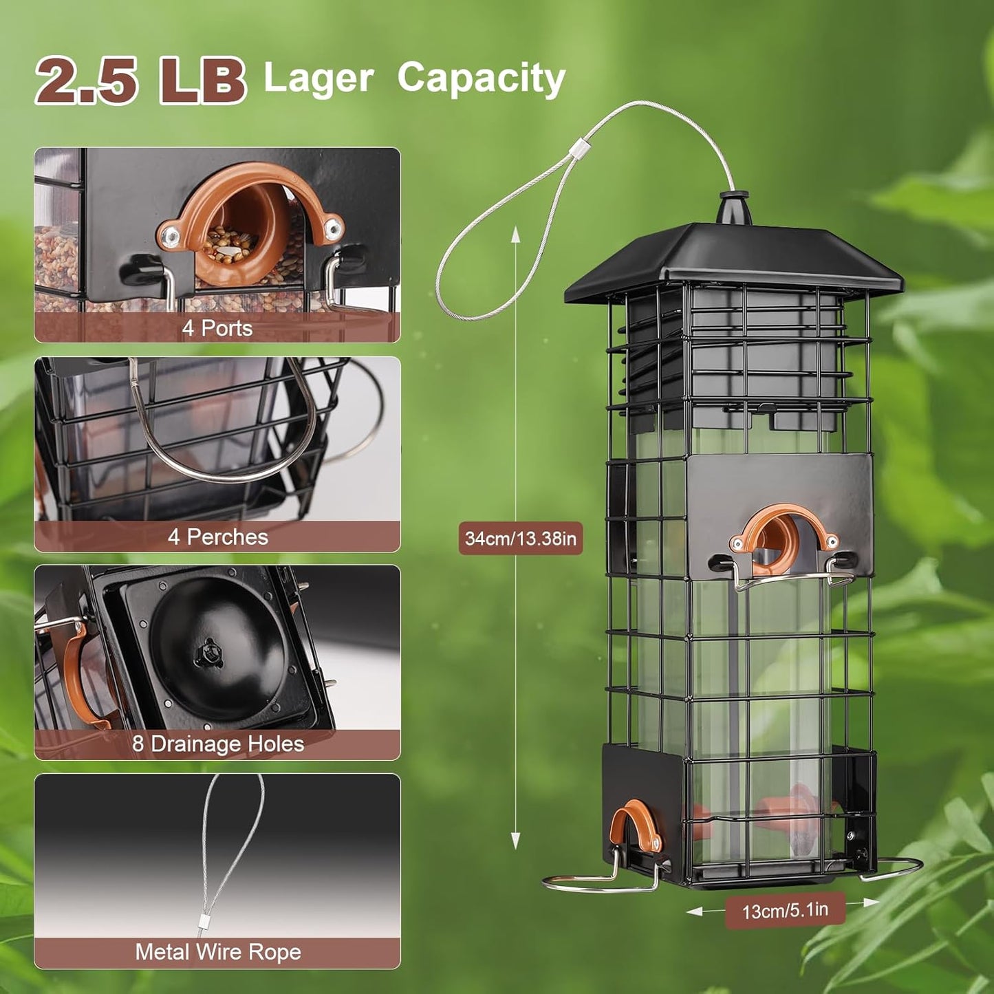 Squirrel Proof Bird Feeder - Metal Outdoor Design with 4 Feeding Ports, Wild Bird Feeders for Outside, 2.5lb Large Capacity, Ideal Gift for Bird Lovers