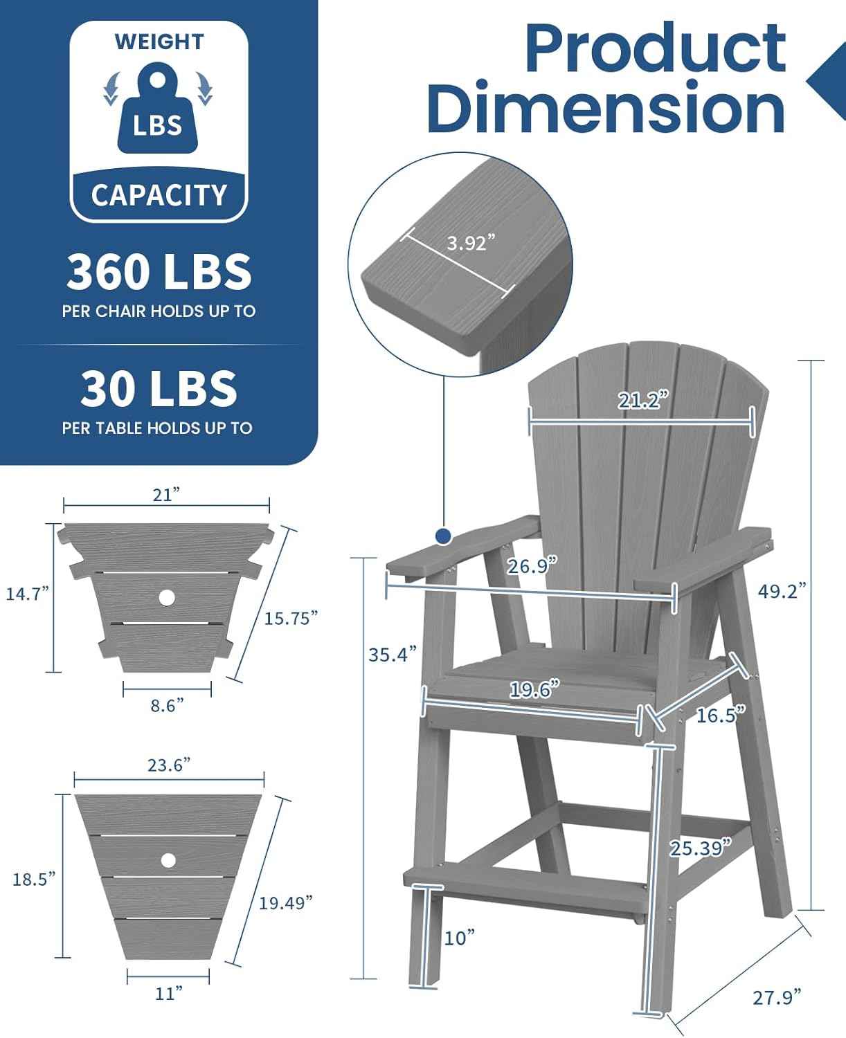Ciokea Tall Adirondack Chairs Set of 2, HDPE Outdoor Adirondack Bar Stools with Double Connecting Tray, Weather Resistant High Back Adirondack Balcony Chairs for Deck, Lawn, Pool, Backyard, Grey