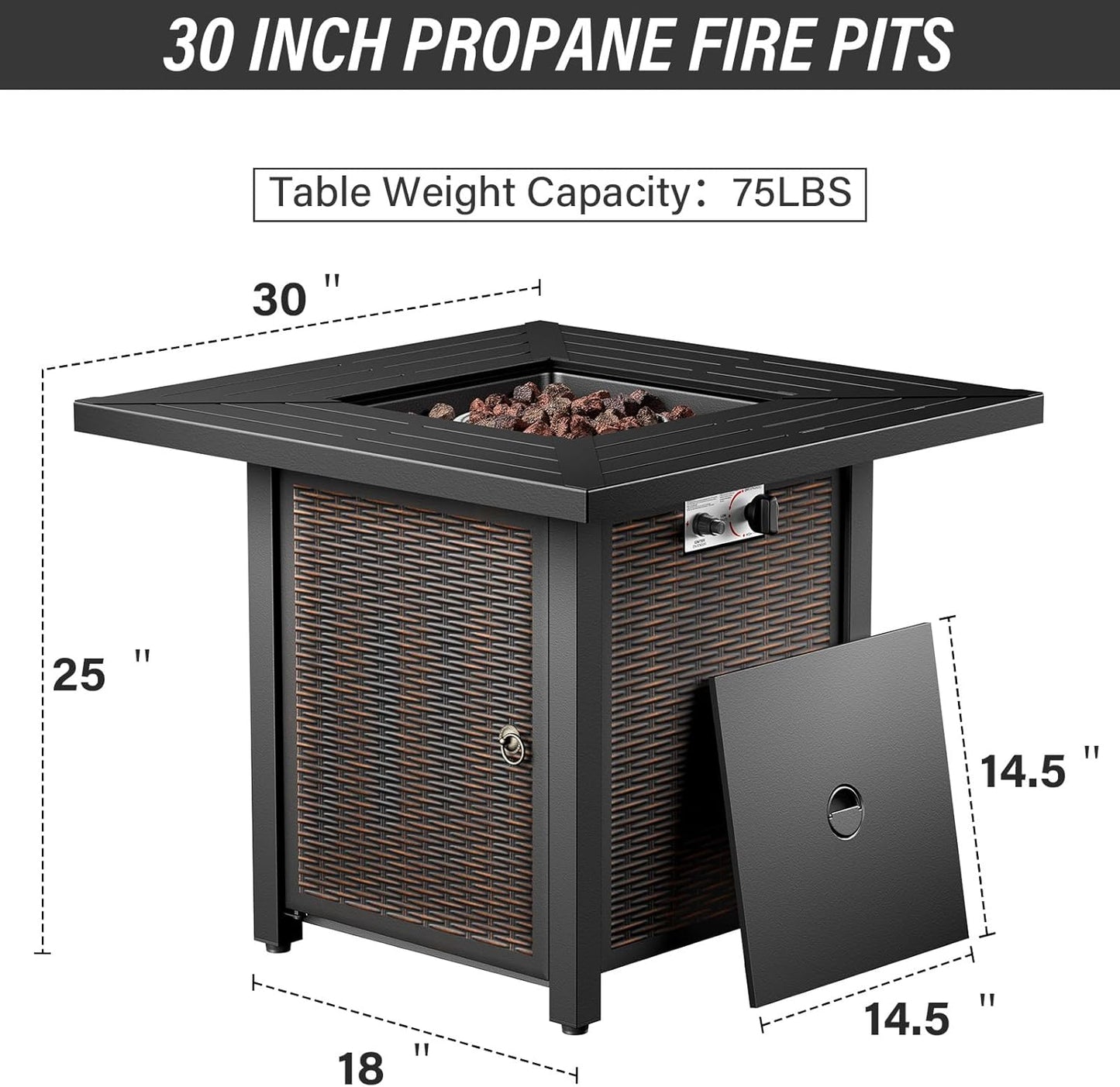 7-Piece Modern Black Wicker Patio Conversation Set - 4 Swivel Glider Chairs & 50,000 BTU Propane Fire Table