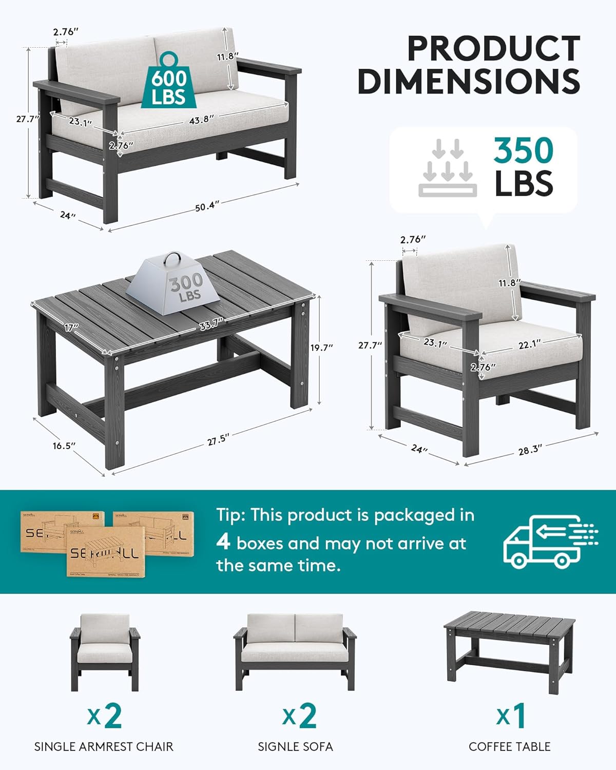 SERWALL 5 Pieces HDPE Outdoor Sofa Set with Cushions, All Weather Use Patio Conversation Couch Loveseat Furniture with Coffee Table for Balcony, Deck, Poolside, Grey Frame with Khaki Cushions
