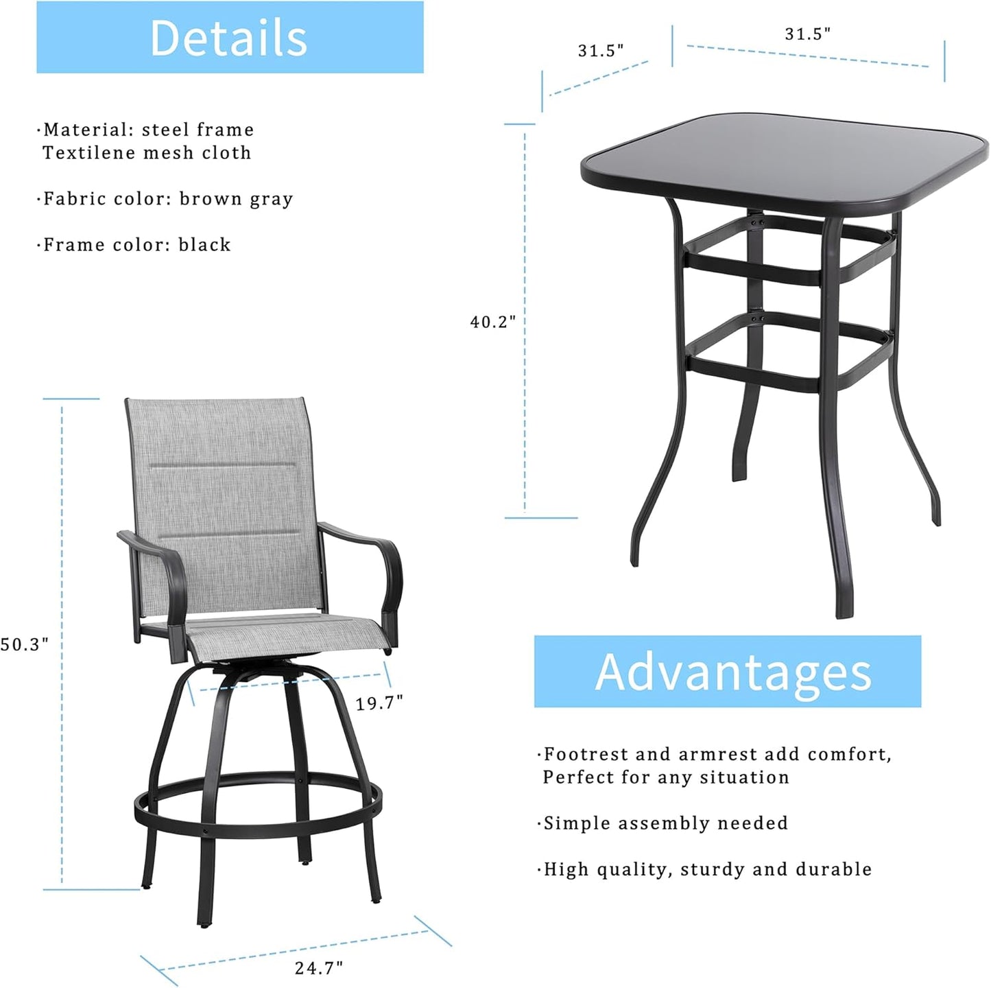 Shintenchi 3 Piece Patio Swivel Bar Stools Set, Outdoor Patio Bar Table and Chairs Set, All Weather Bar Height Chairs Set of 2, High Top Bistro Set Furniture for Balcony, Backyard, Padded Light Grey