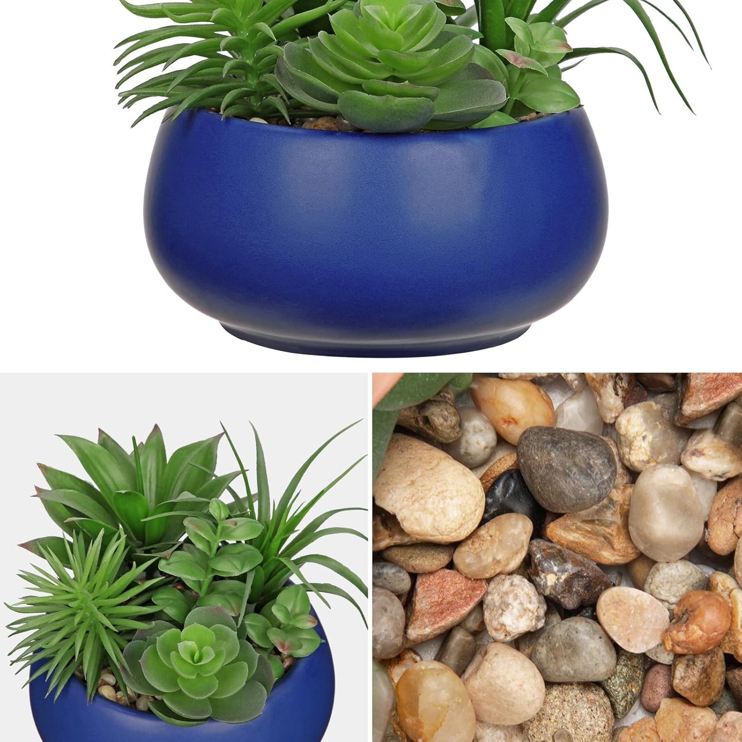 Fake Plants Artificial Succulents in Pots Faux Succulent Arrangement Potted Plant in Blue Ceramic Planter Bowl for Home Decor Office Desk Bathroom Shelf Living Room Indoor Decorations