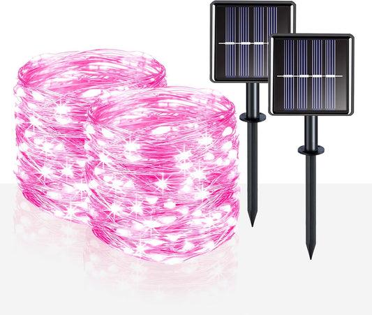 suddus Pink Solar String Lights for Outside, 2 Pack Total 66ft 200 Led Pink Fairy Light Outdoor, 8 Modes Solar Twinkle Light for Halloween Decor, Fence, Patio, Yard, and Party