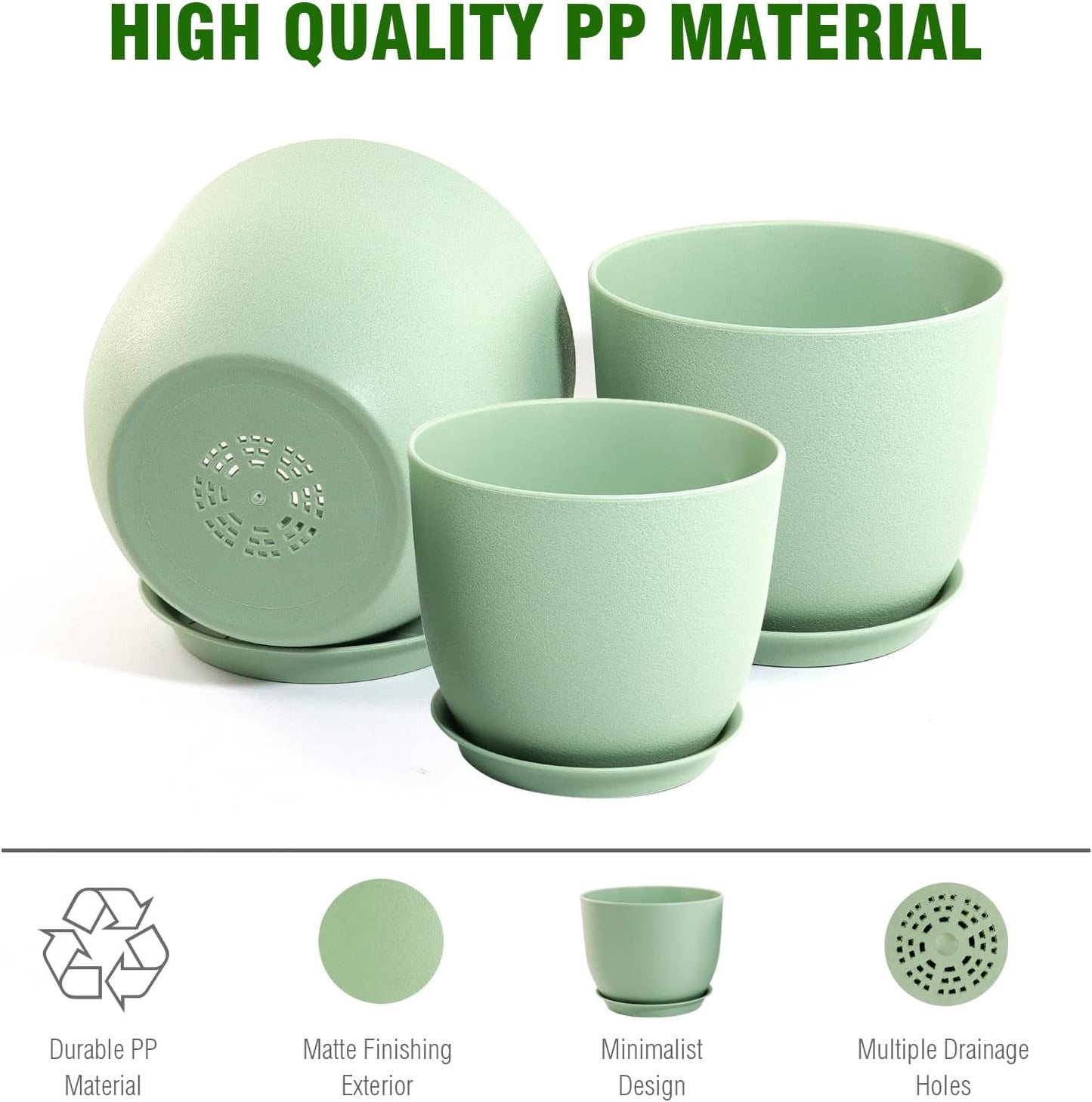 Flower Pots 9/8/7.5 inch, Plant Pots for Indoor Outdoor Plants, Set of 3 Modern Decorative Plastic Planters with Drainage Holes and Saucers for Garden Porch House Plants, Green