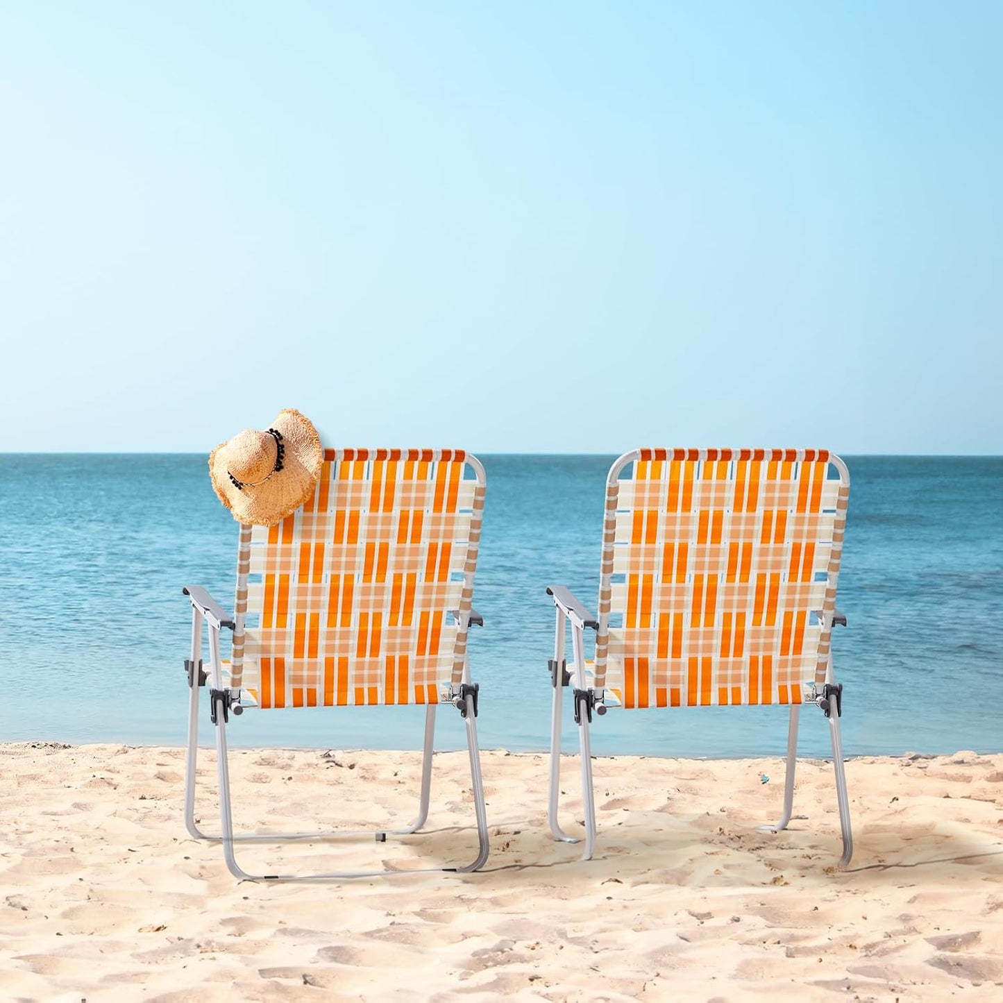 Folding Webbed Oversized Lawn Chairs Set of 2, 260 LBS High Beach Chair for Adults Heavy Duty, Portable Patio Chair for Yard, Garden (Orange)