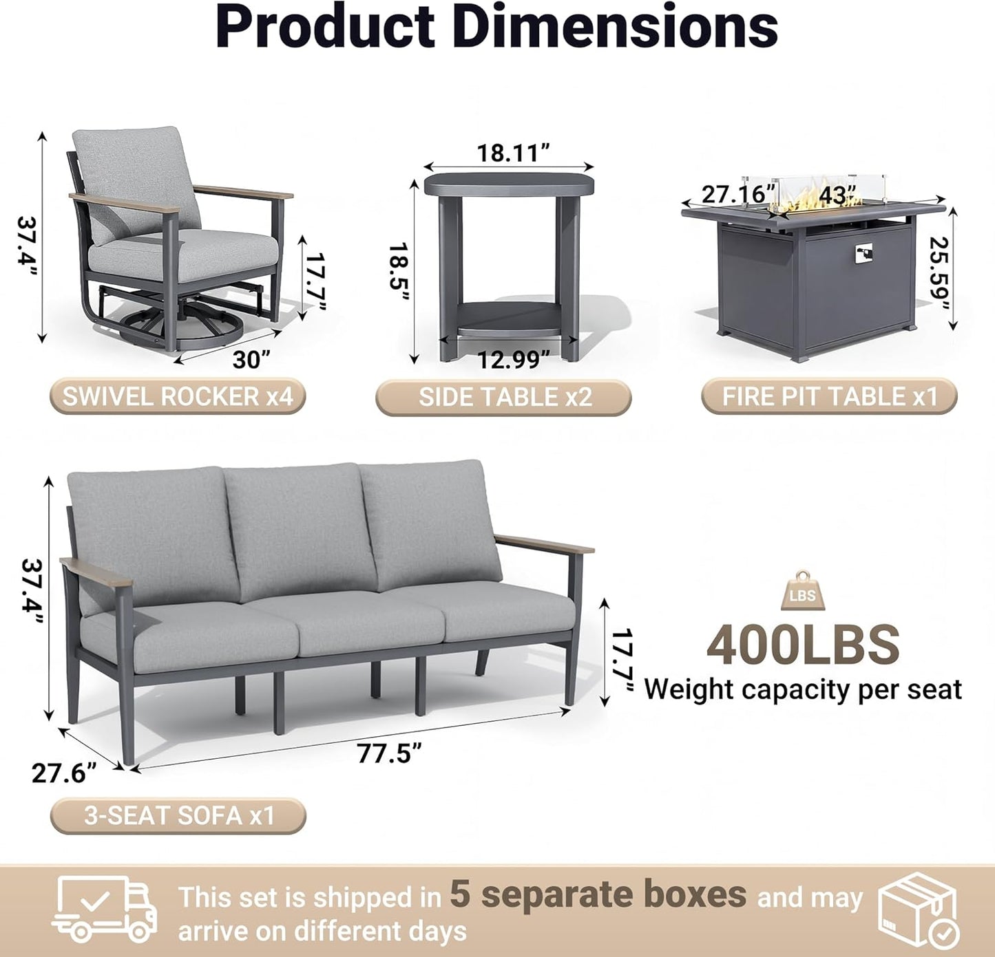 Aluminum Outdoor Patio Furniture Set, 8-Piece Sectional Sofa with 5.1" Thick Cushions, 4 Swivel Rocking Chairs, 55,000 BTU Propane Fire Pit Table, Outdoor Couch for Backyard, Deck, Gray