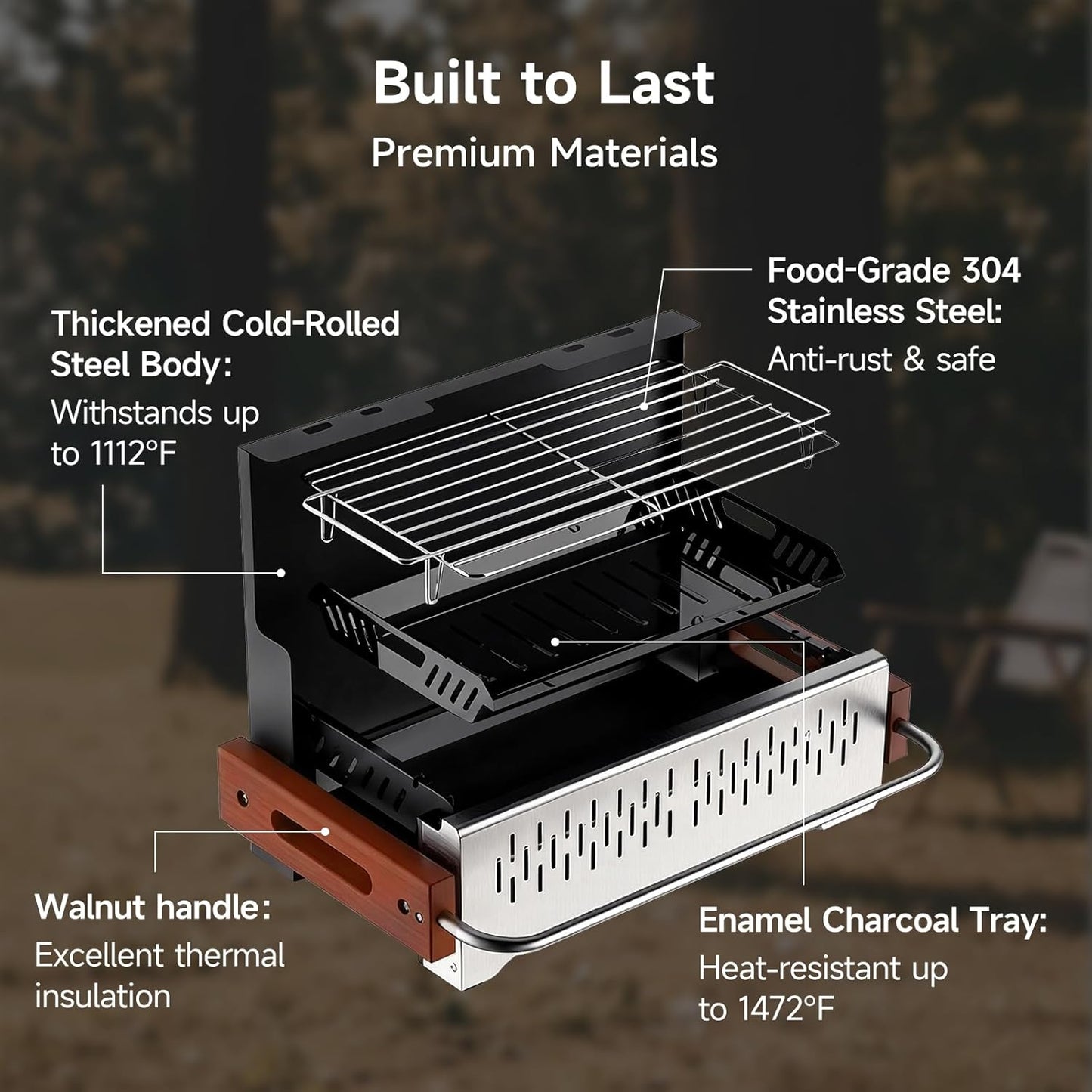 Portable Hibachi Charcoal Grill for Outdoor Camping, No Assembly BBQ Grill with Stainless Steel Grate, Height Adjustable Foldable Grill for Beach and Patio