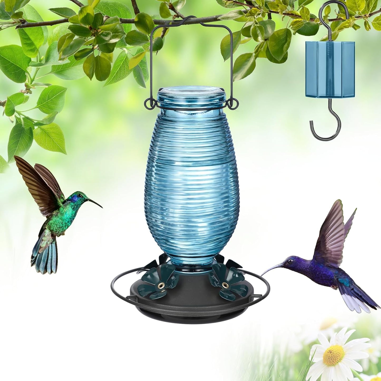 FEED GARDEN Glass Hummingbird Feeder for Outdoors Hanging, 20 OZ Humming Birds Feeders with 4 Bee Guard Feeding Ports & Built-in Ant Moat, Bird Feeder for Outside, Blue,1 Pack