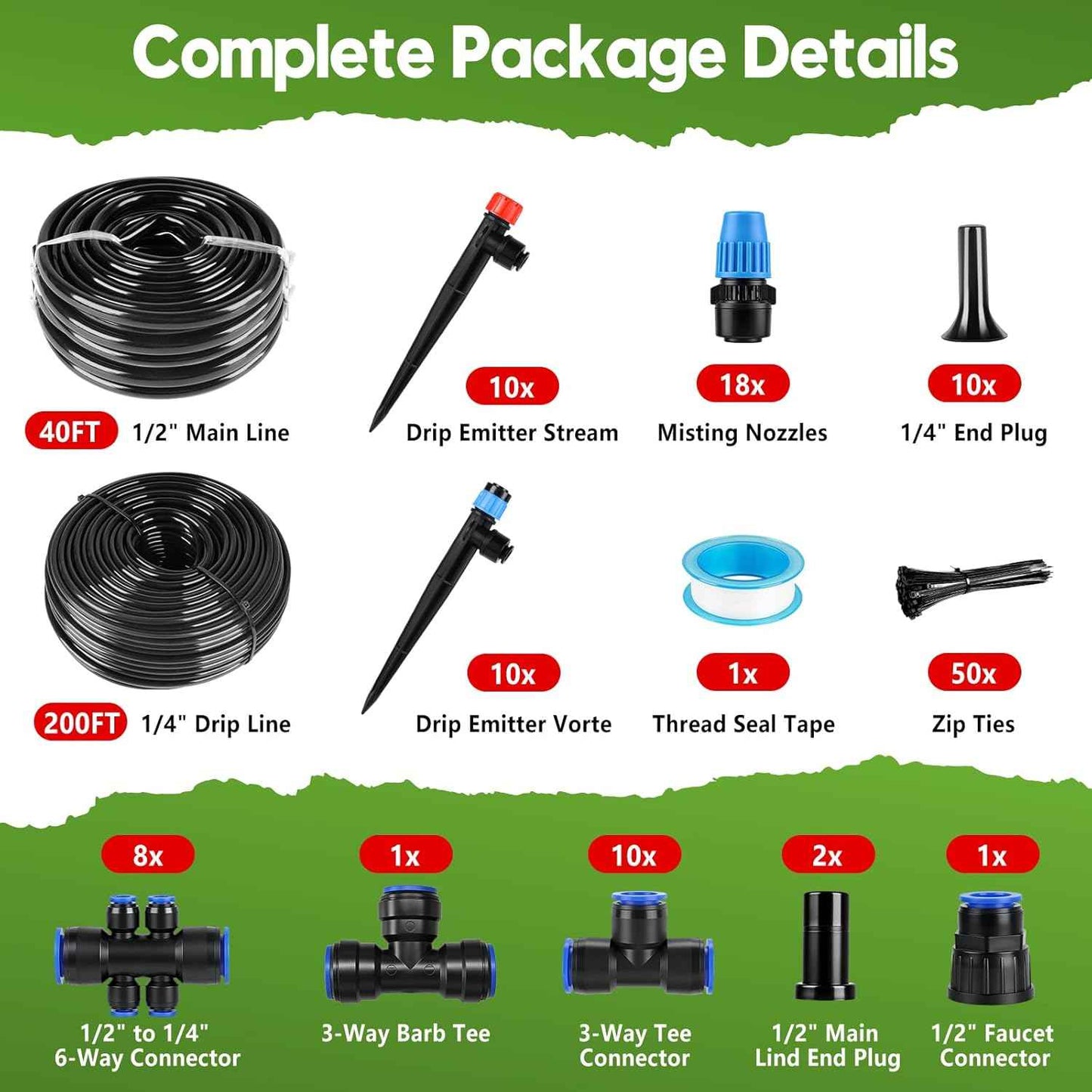 240FT Drip Irrigation System Kit Quick-Connect, Automatic Garden Watering System for Raised Garden Beds, Greenhouse, Yard, Lawn, Plant with 1/2 inch Hose 1/4 inch Distribution Tubing and Accessories