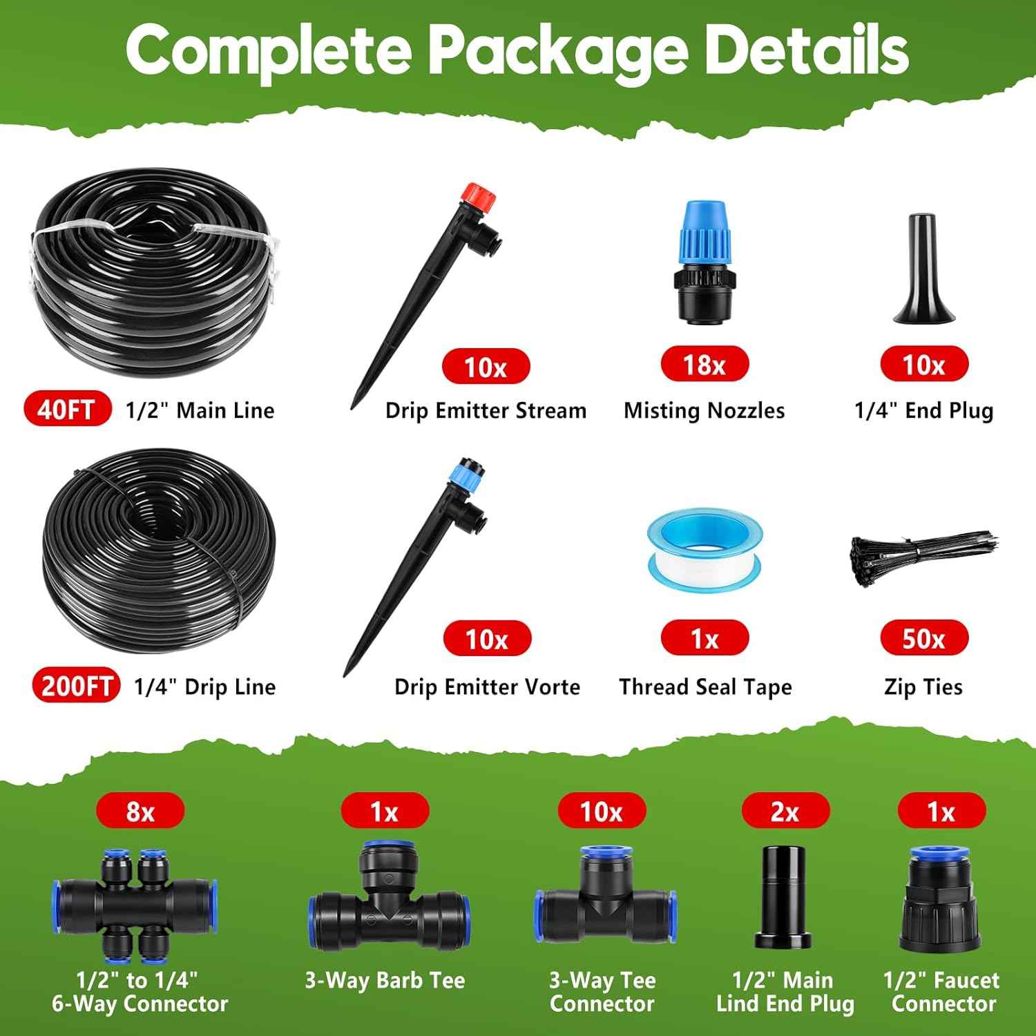 240FT Drip Irrigation System Kit Quick-Connect, Automatic Garden Watering System for Raised Garden Beds, Greenhouse, Yard, Lawn, Plant with 1/2 inch Hose 1/4 inch Distribution Tubing and Accessories